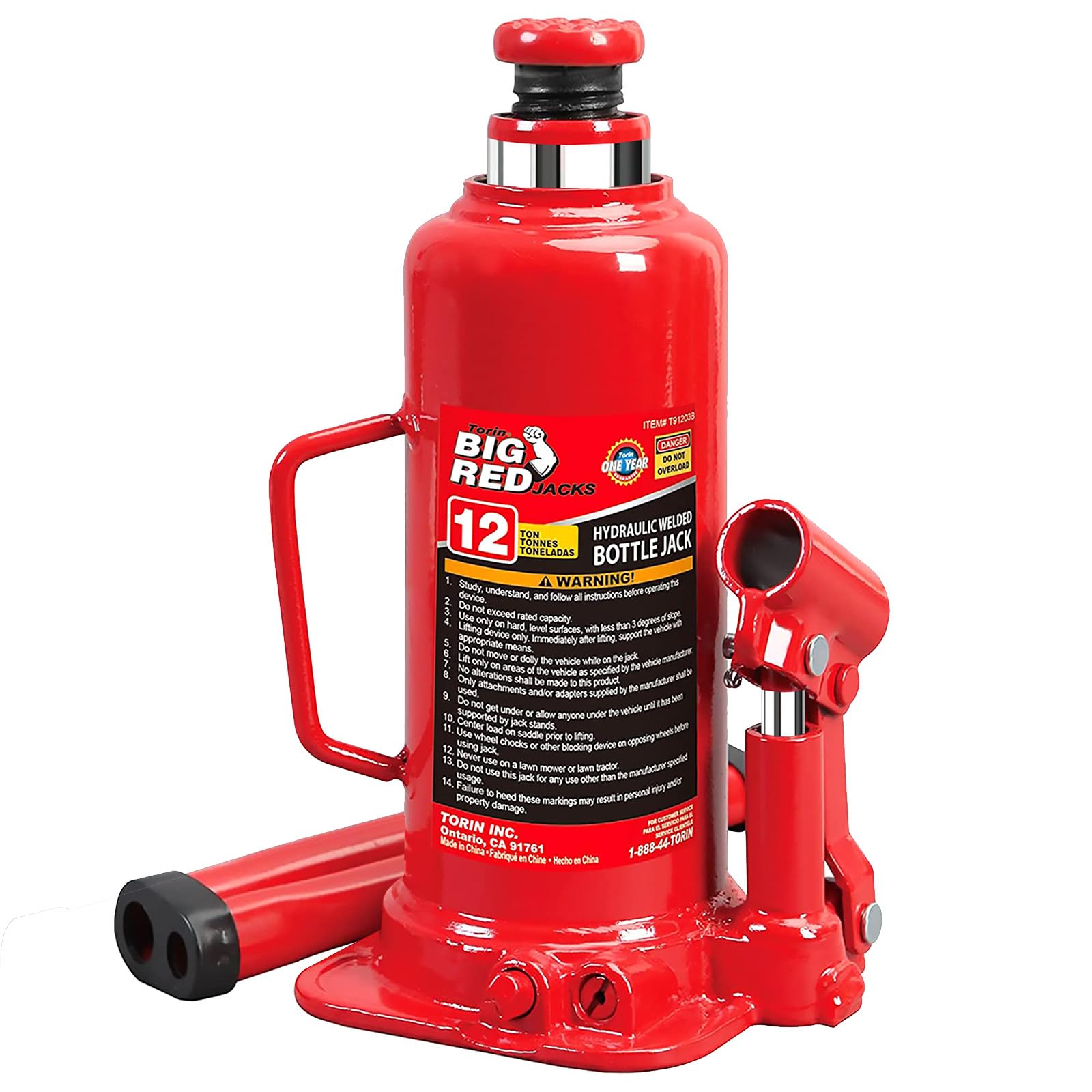 Big RED T91203B-1 Torin Hydraulic Welded Bottle Jack, 12 Ton (24,000 lb.) Capacity, Red