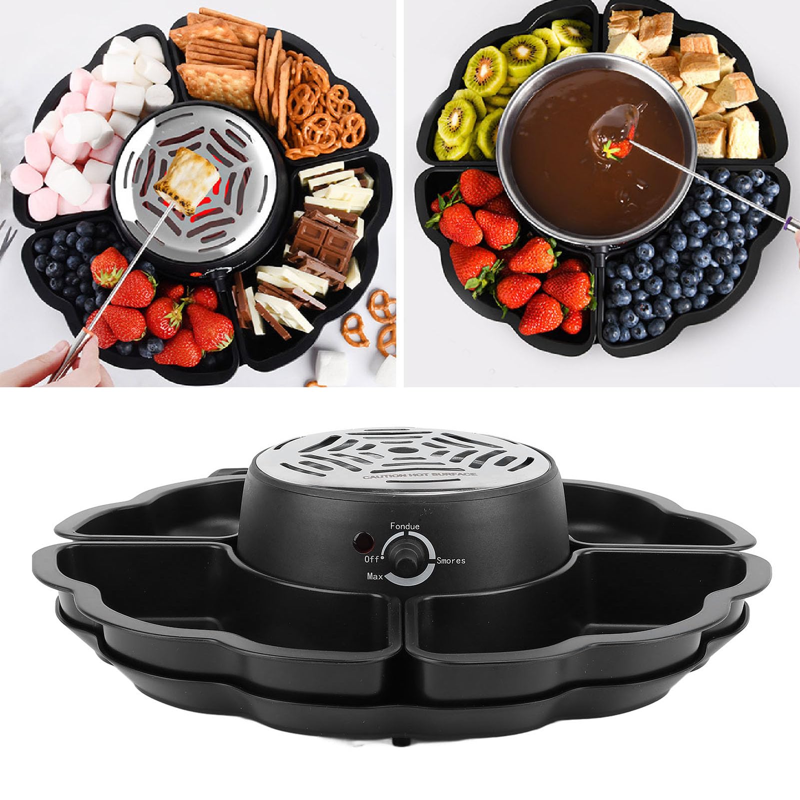 Juego de Ollas Eléctricas para Fondue, Olla para Fondue de Chocolate con 4 Tenedores para Asar y 4 Bandejas para Servir Desmontables, Tostador Eléctrico Smores, Adecuado para