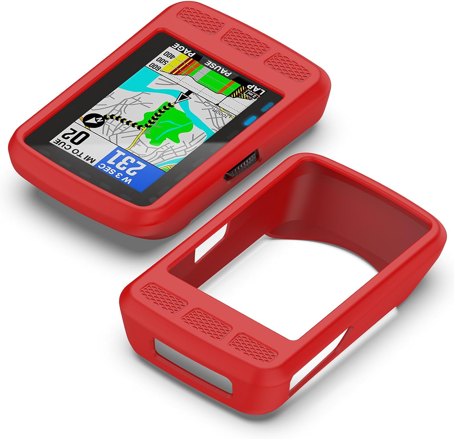 A red silicone case for Wahoo ELEMNT ROAM GPS shown next to the device, illustrating how the case fits.
