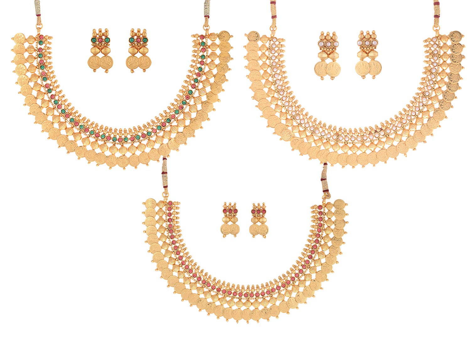 ZENEMEJewellery Set Gold Plated Traditional Temple Coin 3 Colour Necklace Set With Earrings Jewellery For Women and Girls (Red & Green, Red and White Pearl)