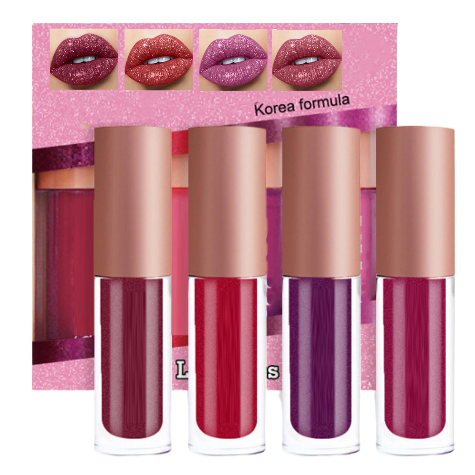 4 Pcs Metallic Shine Glitter Lipstick Kit Colorful Lipstick Sets For Women Hydrating & Smooth Shimmer Lipstick Impact Lipcolor Lightweight Soft Lip Stick Long Lasting Non-Stick Cup
