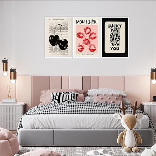 Miniatura 3 de Arte de pared retro de los años 70, lienzo blanco y negro para decoración de pared, juego de 3 póker Lucky You Queen, labios rojos cereza, beso,