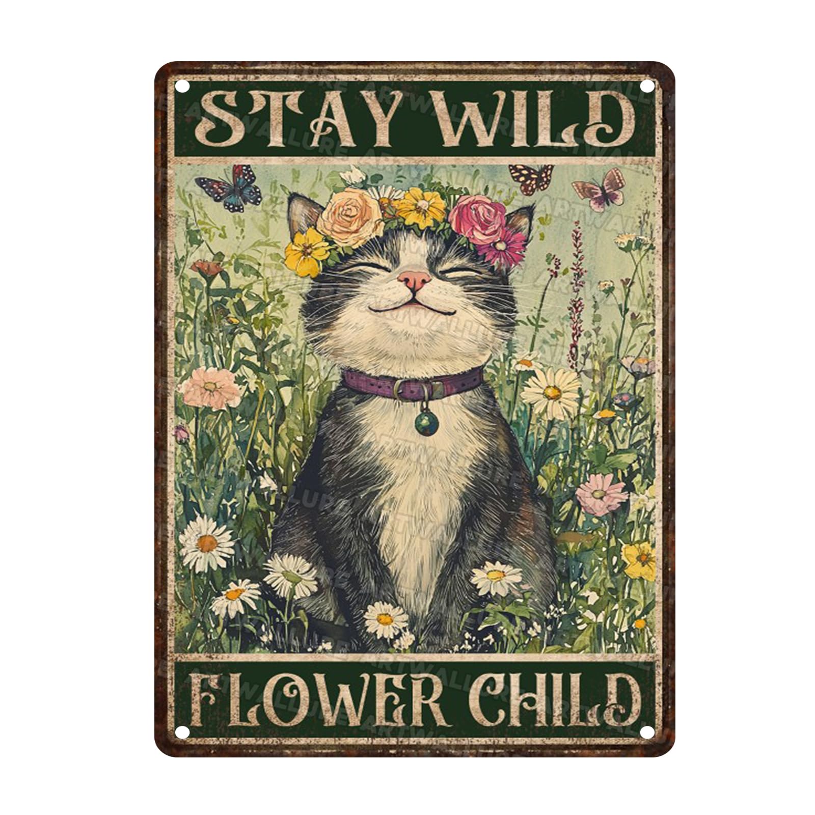 Stay Wild Flower Child Cat and Flower Hippie Metal Sign Vintage Wall Art Bohemian Home Decor Tin Plaque 12x16inch