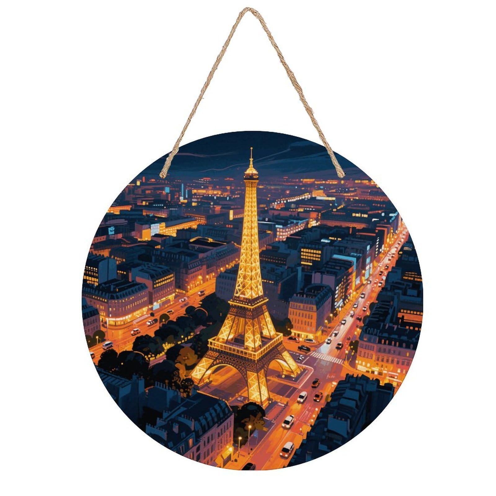 VstaDank Eiffel Tower Wall Decor Round Wood Hanging Sign 7.9x7.9 in Wooden Circle Door Hanger with Ropes, Rustic Wall Art Decor for Home Front Door Indoor Outdoor Decoration