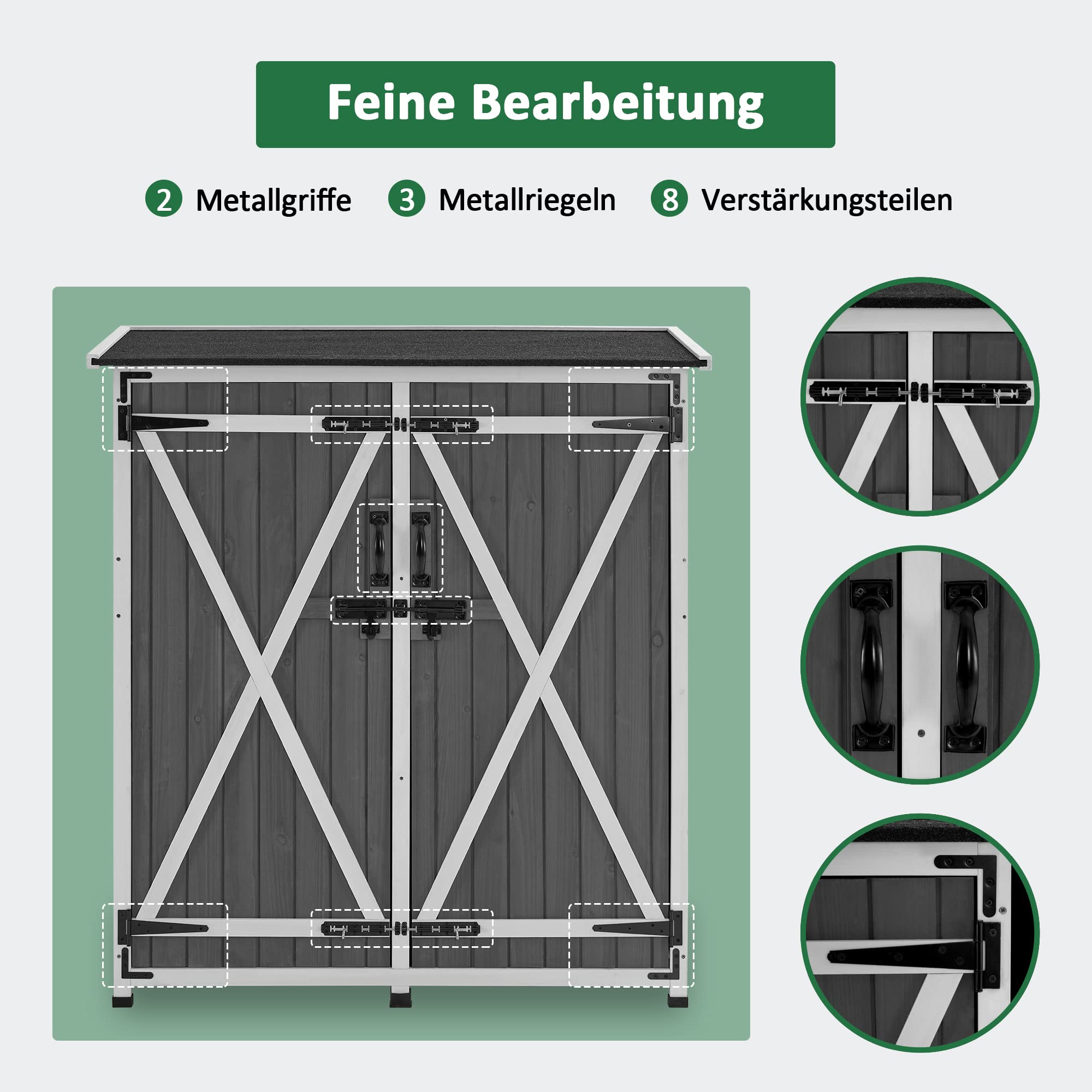 M MCombo Gartenschrank Holz Wetterfest, Klein Outdoor Gartenhaus Gerätehaus, für Außenbereich & Balkon & Terrasse, 122×60×137cm, 0707 (Grau)