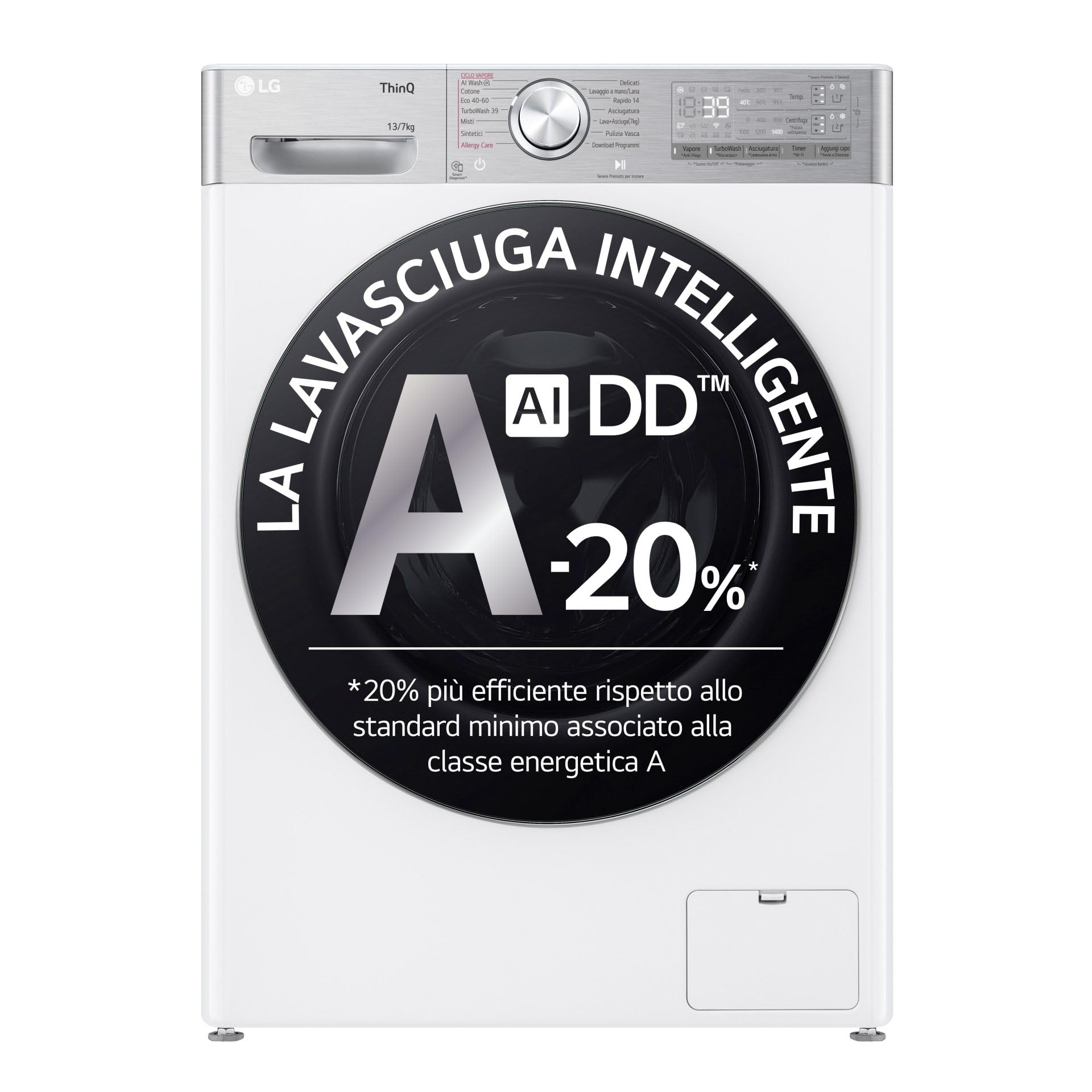 LG AI DD D4R9513TPWC Lavadora Secadora 13/7 kg Serie R9 Clase D Lavadora Secadora 1.400 RPM TurboWash 360 Vapor Steam+ y Antiarrugas, Dosificación Automática, Wi-Fi, Blanco