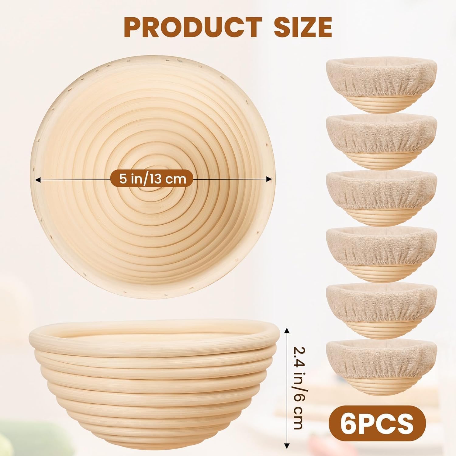 Banneton Proof Basket - Set di 6 cestini per la fermentazione in rattan naturale, 6 pollici