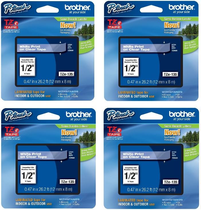 Brother Genuine TZe-135 1/2" White on Clear Standard Laminated Tape for P-Touch Labeler, 4 Pack