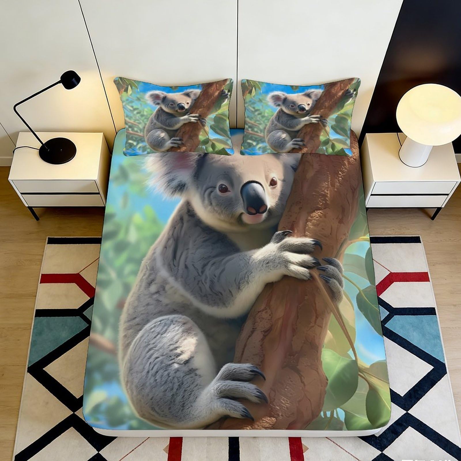 3D Printed Koala Fitted Sheet Microfiber Soft Comfortable Animal Pattern Mattress Cover for Bedroom Dormitory Guest Room 180x200x25cm