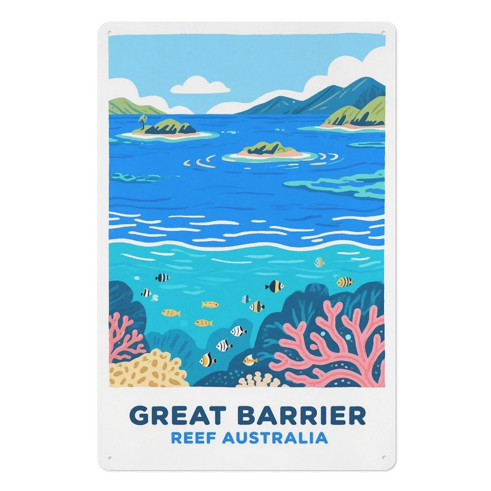 Fjiwecwsq Style Great Barrier Reef Australia Retro Design Tin Paintings Vintage Tin Sign 08X12inch(20X30cm) Wall Art For Home Office Bedroom Living Room Cafes Wall Decor
