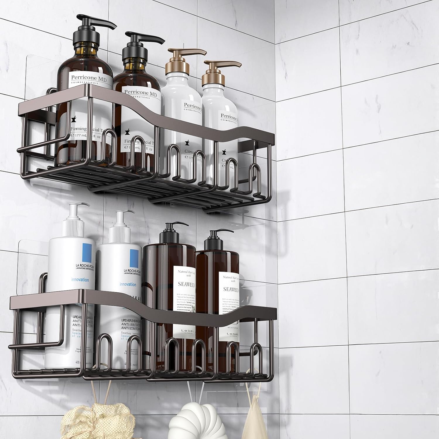 EUDELE 5-Pack Rustproof Stainless Steel Shower Caddy Set– No Drill Adhesive Bathroom Organizer, Space-Saving Shower Shelves for Apartment Essentials, Bathroom/Kitchen Storage Home Decor-L Size
