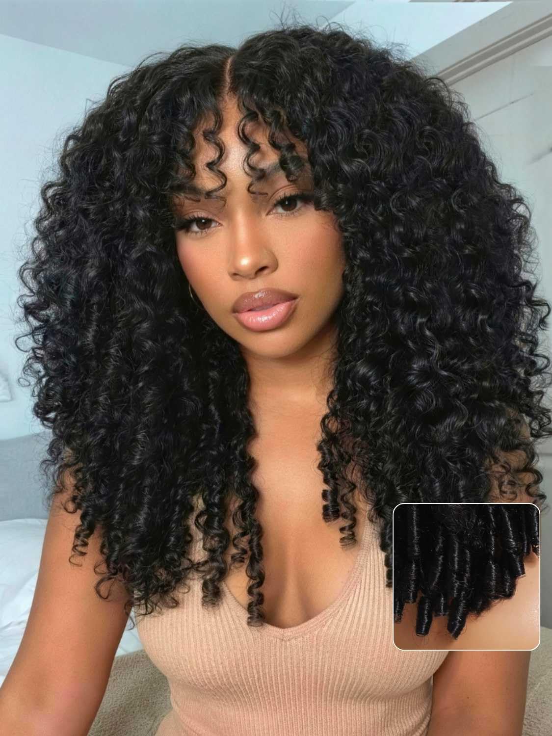 Beauty Forever Burmese Curly Glueless Wig Human Hair with Finger Coil Ends 7x5 HD Lace Frontal Wigs Bye Bye Knots Pre-cut Pre-plucked Natural Black No Slip Elas