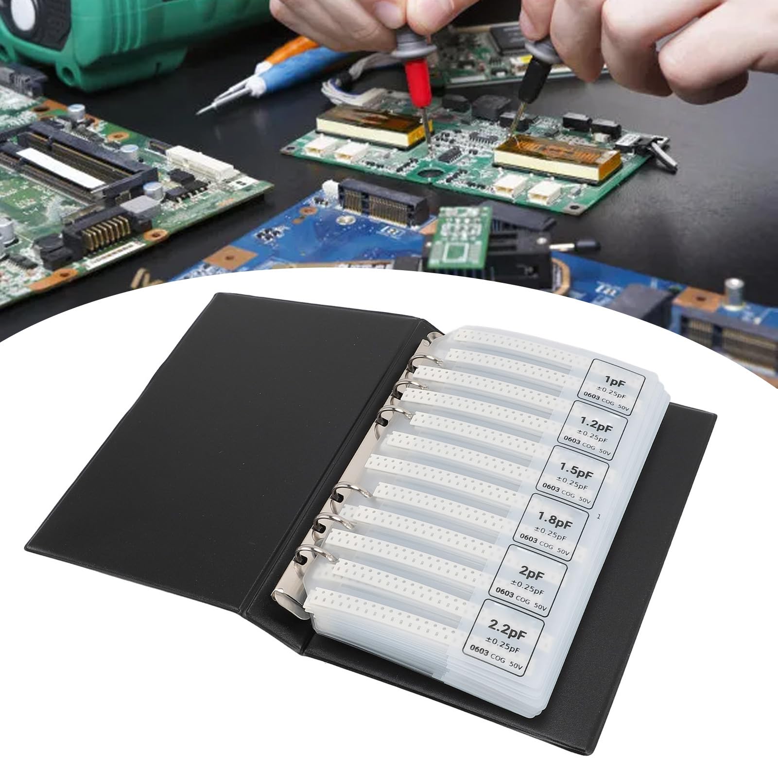 0603 Libro campioni di condensatori SMD, libro campioni di componenti elettronici di valore 84, kit di assortimento di condensatori in plastica nera per professionisti o