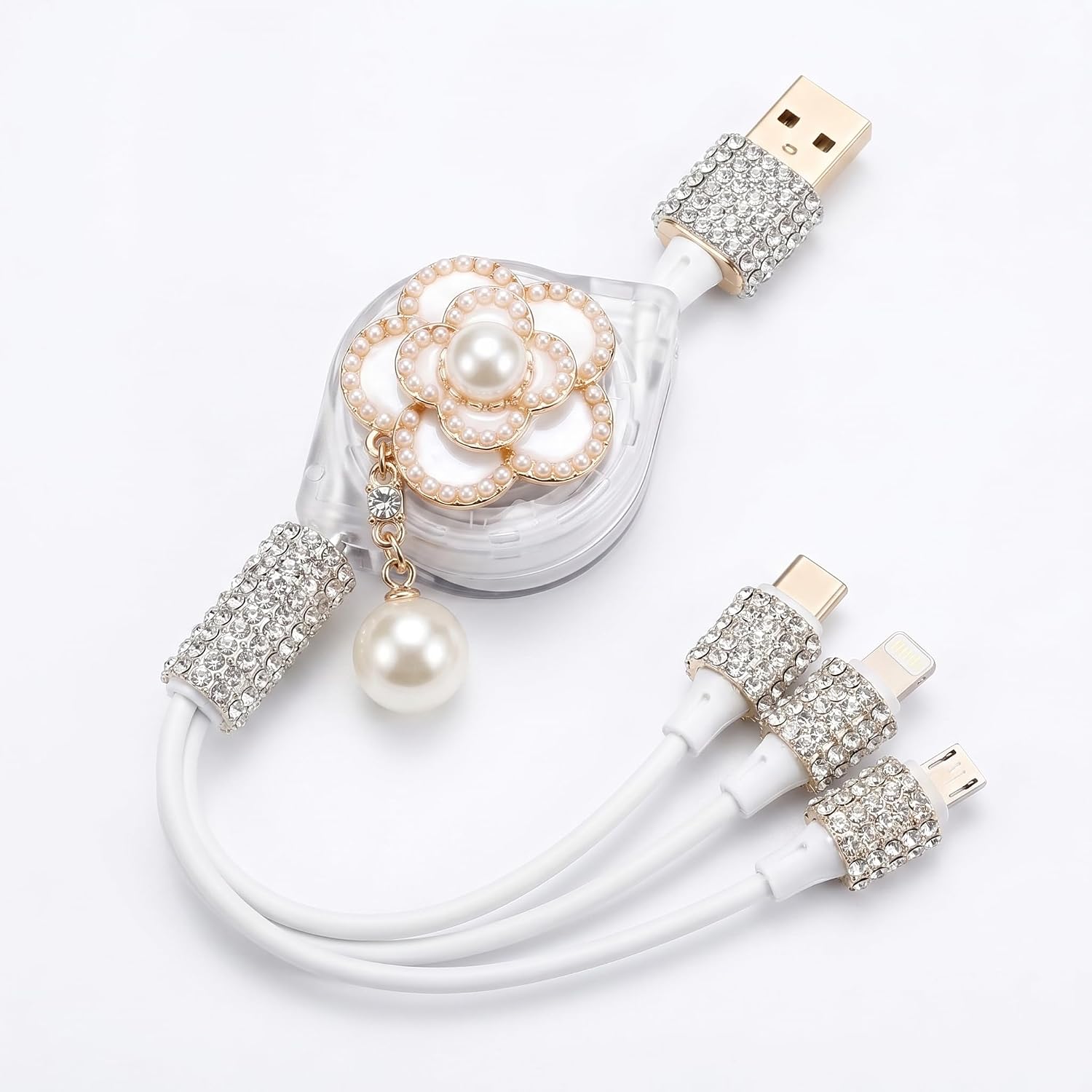 Car 3-in-1 Multi-function Cable, Retractable Fast Power Cord with Type-C Lightning Micro USB Port, Bling Rhinestone Flower Decoration Cable, Portable Cord for Most Devices (White)