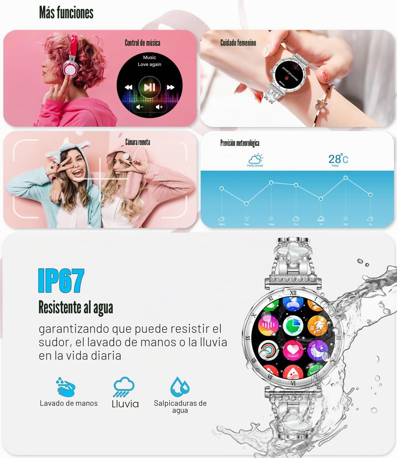 AMOLED Reloj inteligente para mujer, pantalla HD de 1.2", monitor de ritmo cardíaco/sueño, llamada Bluetooth, impermeable IP67, compatible con iOS y Android (plata elegante RT-i222)