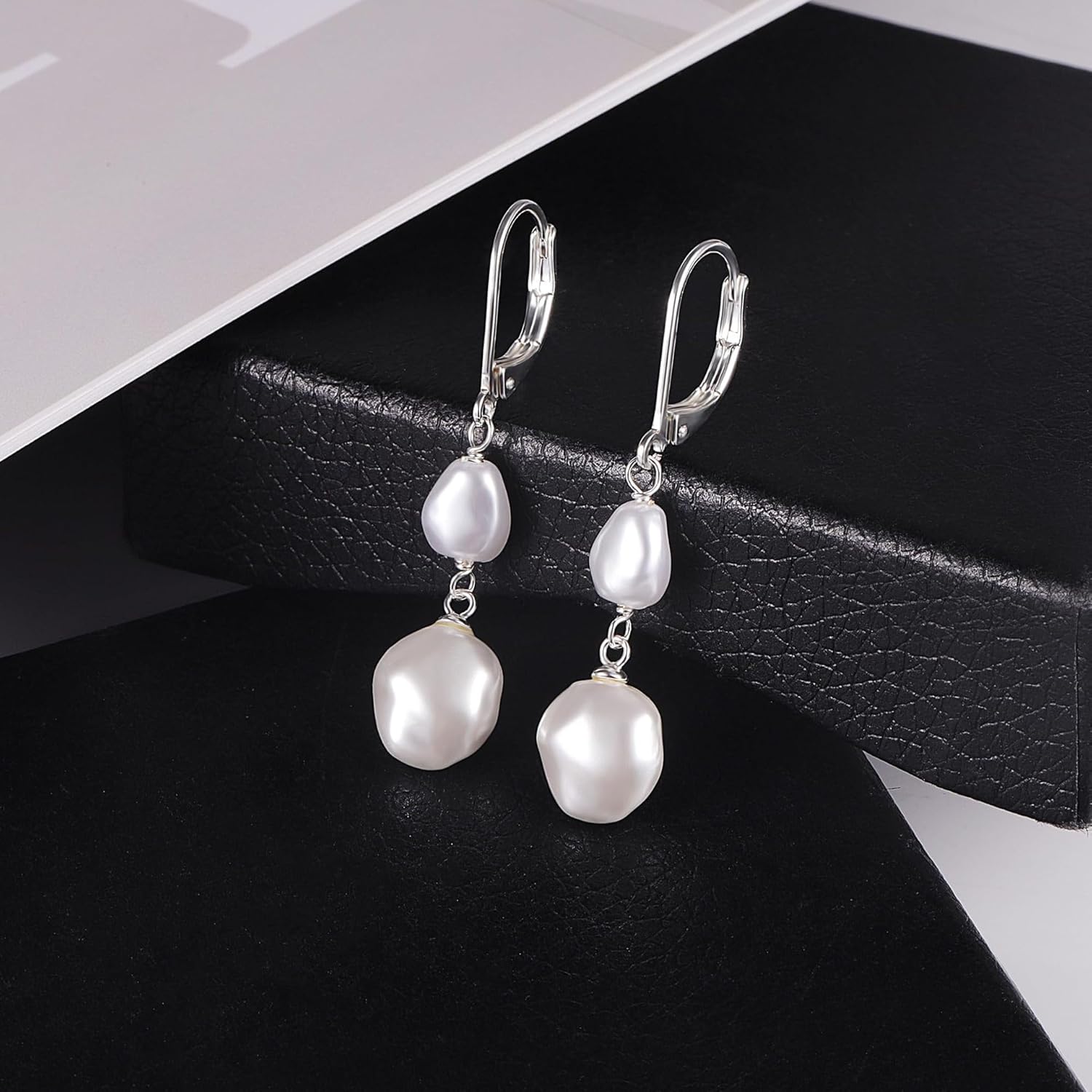 14K Gold Pearl Dangle Earrings for Women,925 Sterling Silver Double Pearl Drop Earrings,Irregular Pearl Hypoallergenic Earrings - Image 4