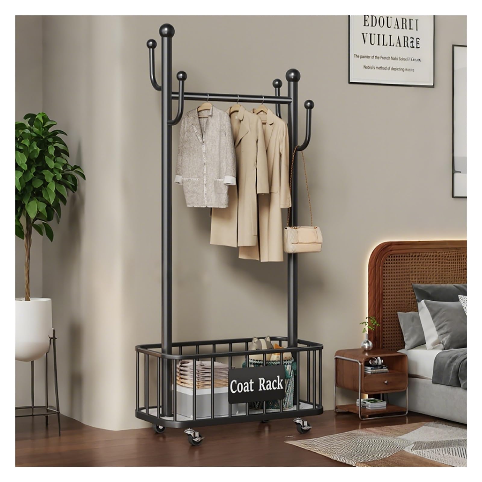 Lshtshf-ou Heavy Duty Rolling Clothes Rack Clothing With Wheels Garment Racks For Hanging Wardrobe For Bedroom Laundry Living Room(Black,60cm/23.6in)