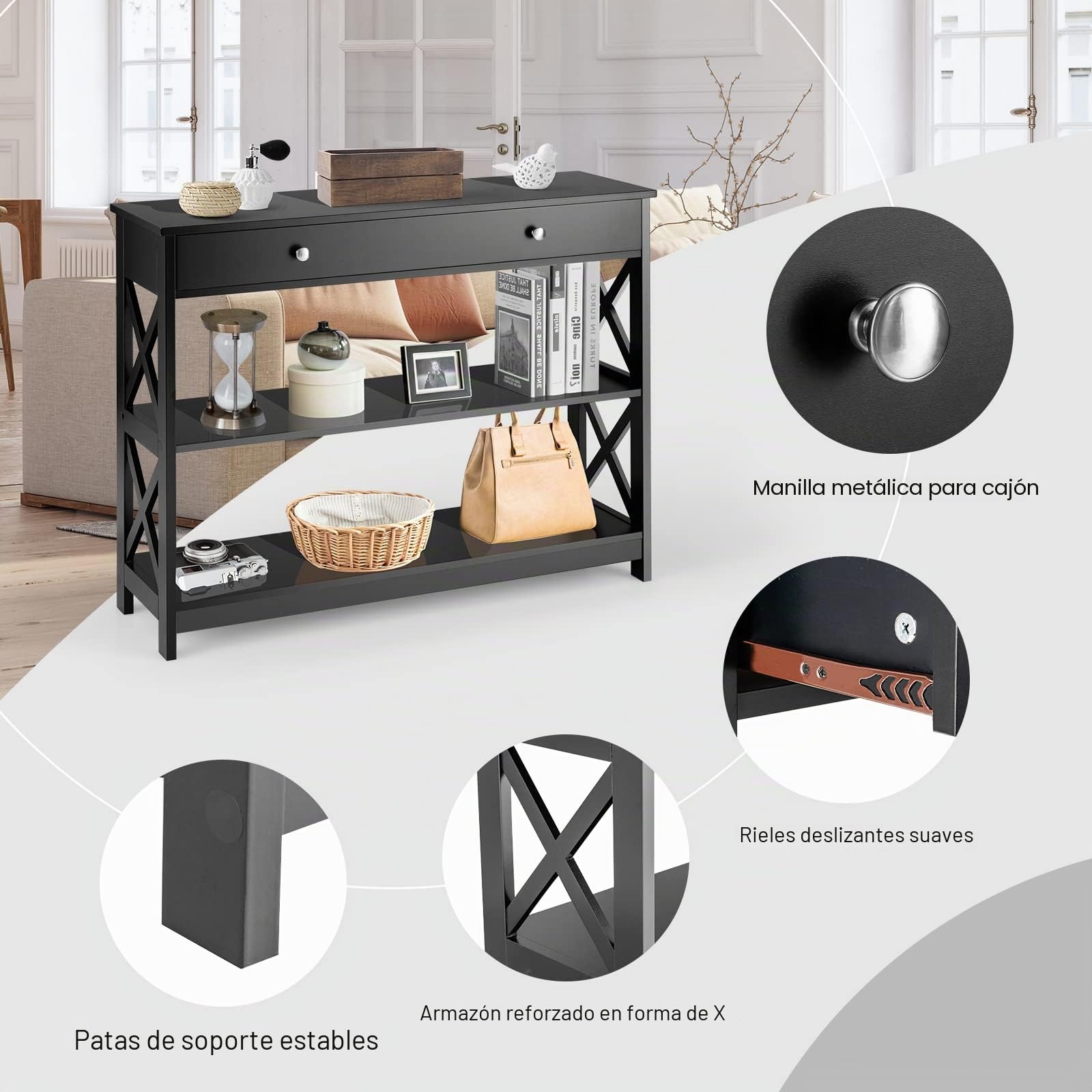 GIANTEX Mesa de Consola de 3 Niveles con Cajón y 2 Estantes Abiertos, Mesa de Entrada con Kit Antivuelco, 100 x 30 x 80 cm, Estantería de Almacenamiento para Salón, Pasillo (Negro)