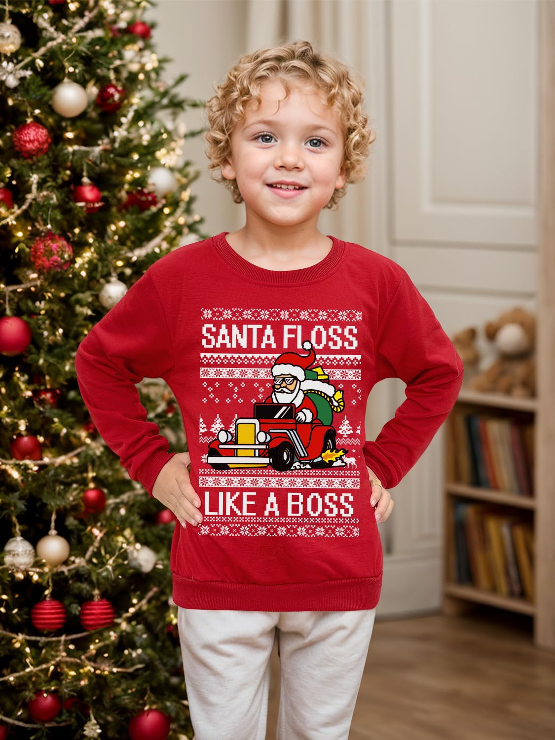 Glimnerize Christmas Kids Tops Sweatshirt Crew Neck Santa Claus Unisex Christmas Jumper Sweater Red-A2 5-6Y(120) - Image 4