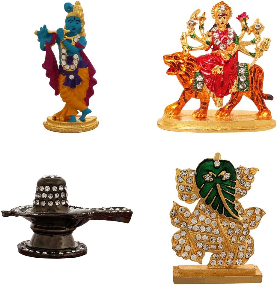 ART N HUB Combo Of 4 Brass Statue God Krishna, Durga Jee, Lord Shivling, Leaf Ganesh Idol Pooja Mandir/Home Temple & Car Dash Board Showpiece
