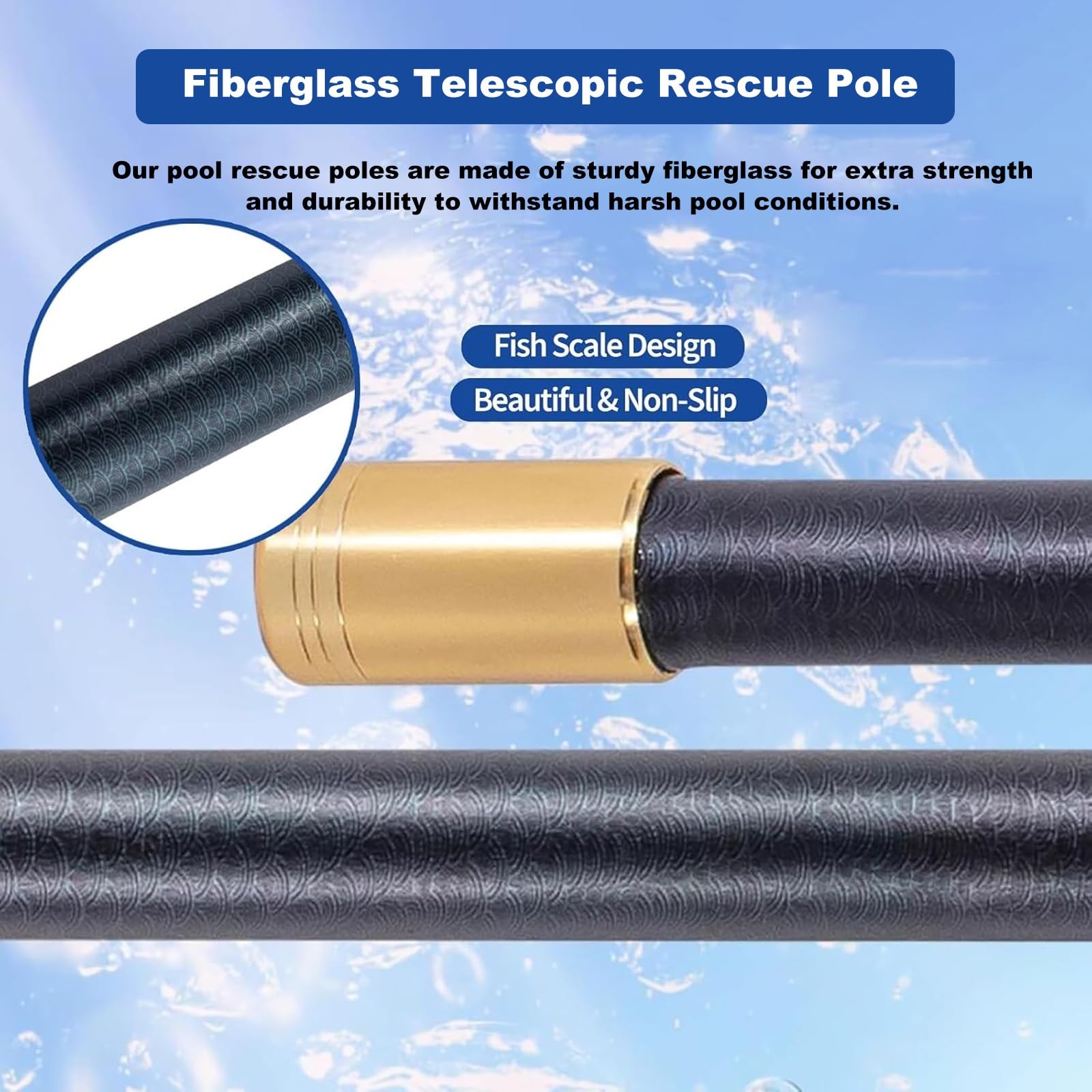 Palo telescopico per piscina, in fibra di carbonio leggera con anello morbido in silicone per soccorso di emergenza e manutenzione, include corda metallica in acciaio inossidabile