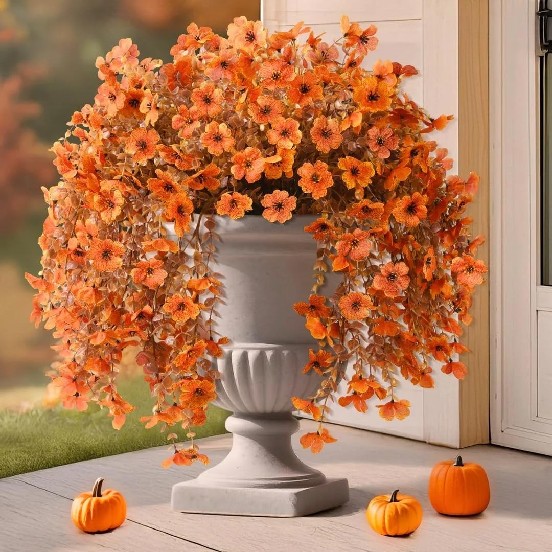 Artificial Fake Fall Flowers Faux Mums for Outdoor Decoration, 2 Pcs Fake Silk Daisy Flower Plants Realistic UV Resistant for Home Porch Balcony Patio Autumn Decor(Orange - Image 6