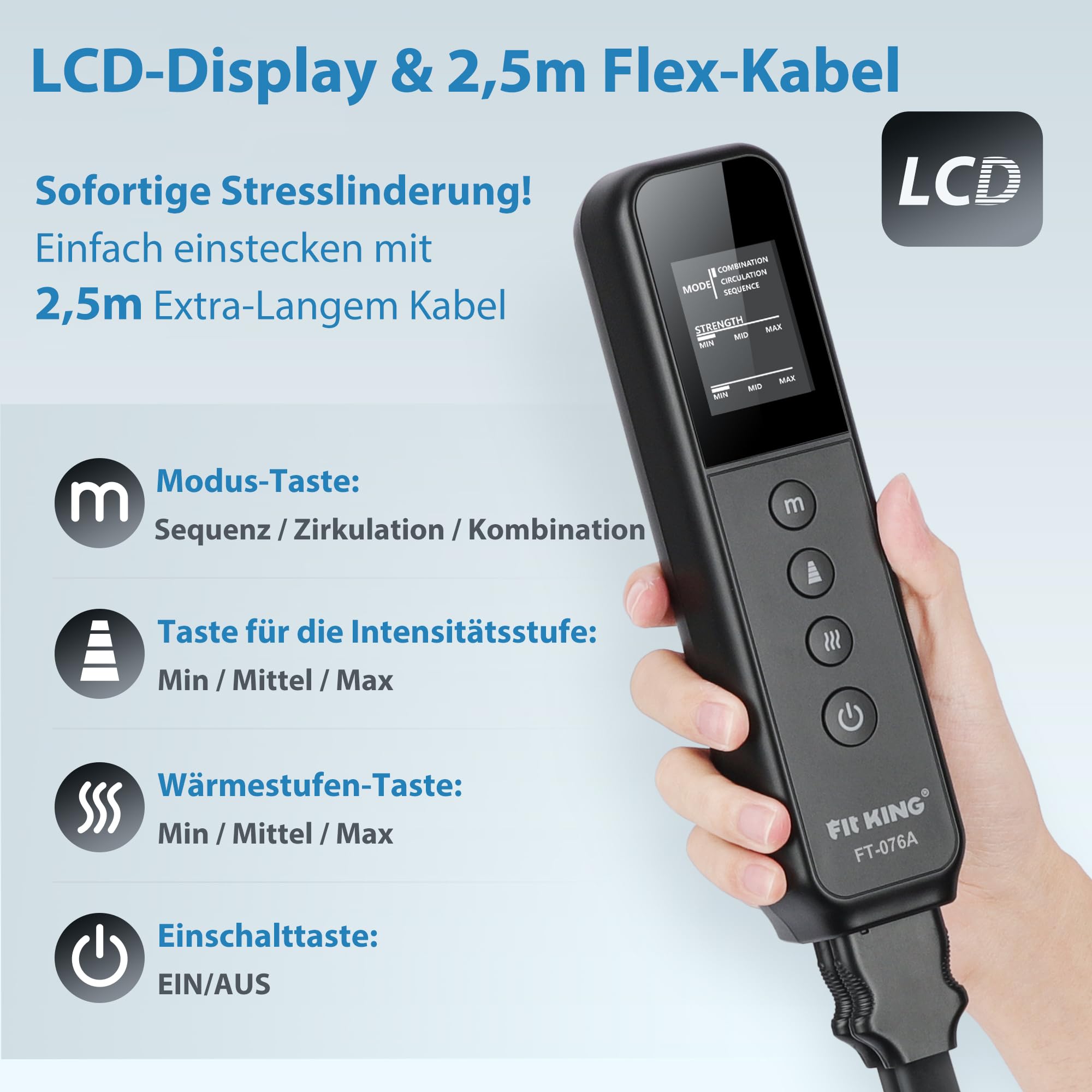 FIT KING 3-in-1 Beinmassagegerät mit Wärme & Kompression - Luftdruck-Massage für entspannte Beine, 3 Heizstufen, 3 Massagemodi | Beinkompressionsmaschine für Fuß, Wade & Oberschenkel, 3 Intensität & 3 Modi