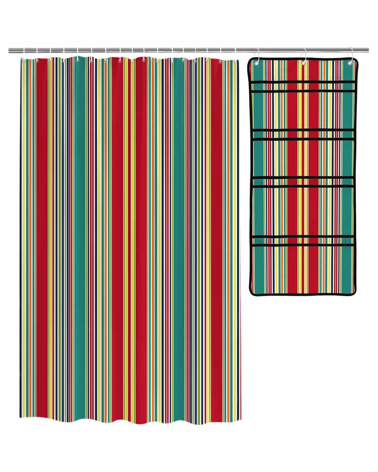 Shower Curtain Mesh Shower Organizer Hanging Set Green and Red Colorful Texture Waterproof Shower Curtains with 10 Pockets