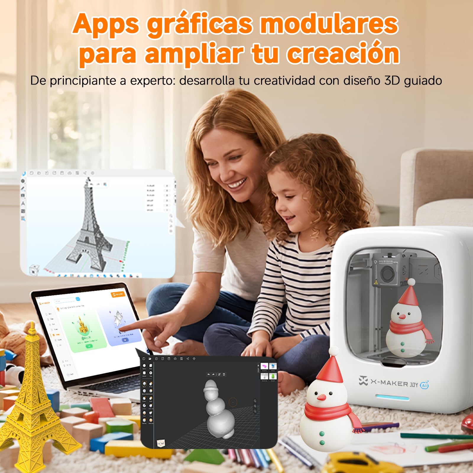 KI-gestützter 3D-Drucker, 3D-Drucker mit 8 PLA-Filament-Set, KI Design-App, umfangreiche Sammlung an 3D-Kreativvorlagen, mit 16+ Mini-3D-Designmodulen, App&WiFi-Steuerung,vollständig geschlossene