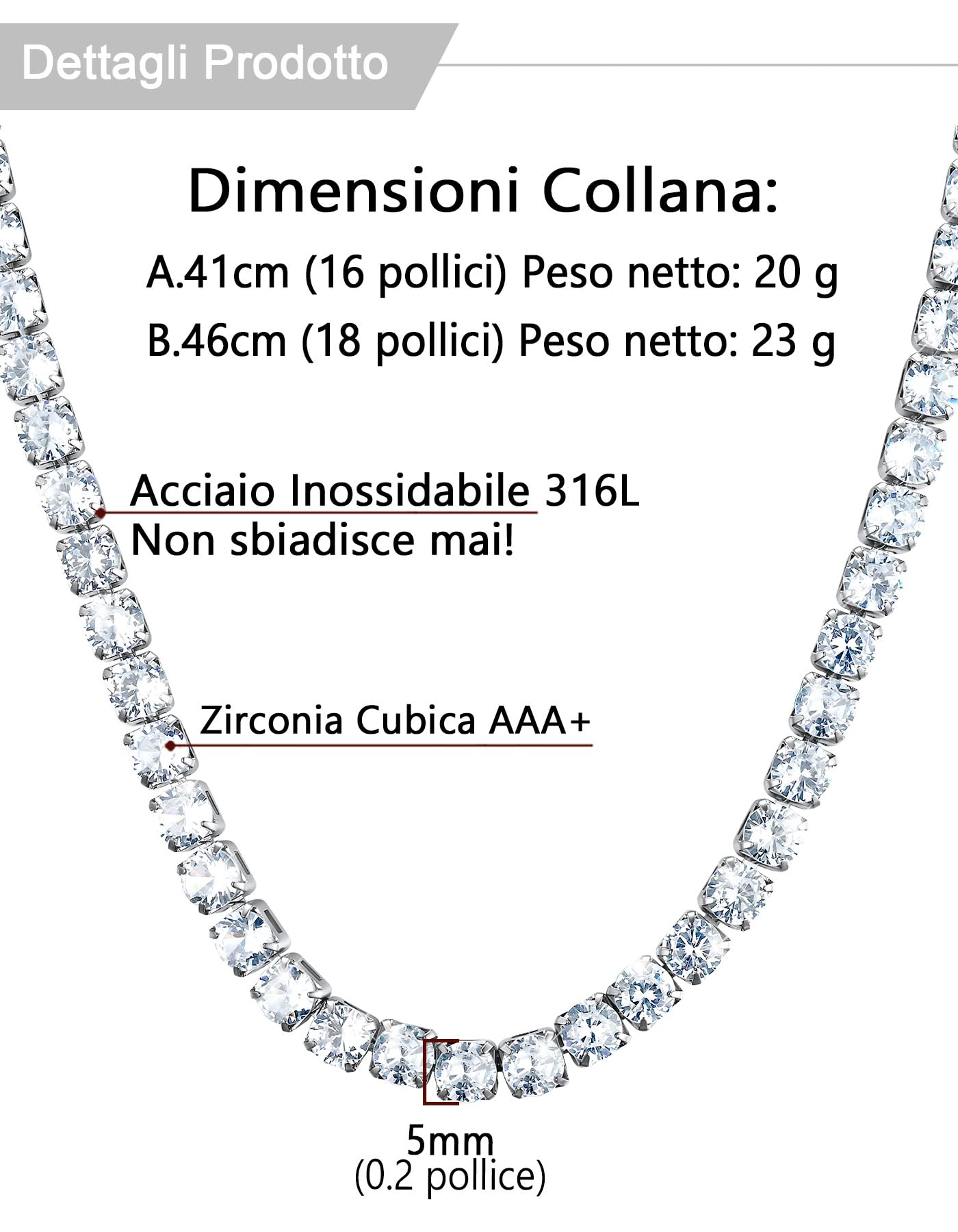 U7 Collana Tennis da Donna e Uomo con Zirconi Bianchi Neri 3/5mm 40/45cm