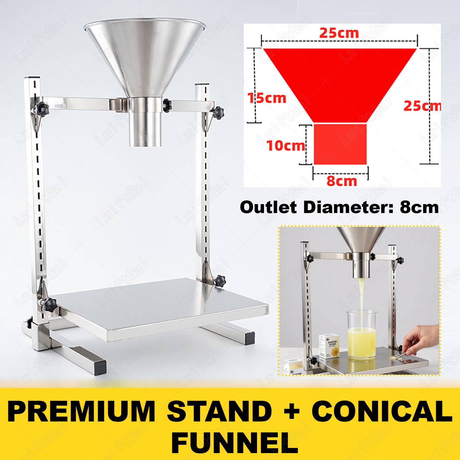 Embudo De Llenado Manual, Tolva De Alimentación De Acero Inoxidable 304 con Soporte, Bandeja Elevable Ajustable, Diseño De Boca Ancha, Tamaño del Puerto De Descarga Opcional 8cm