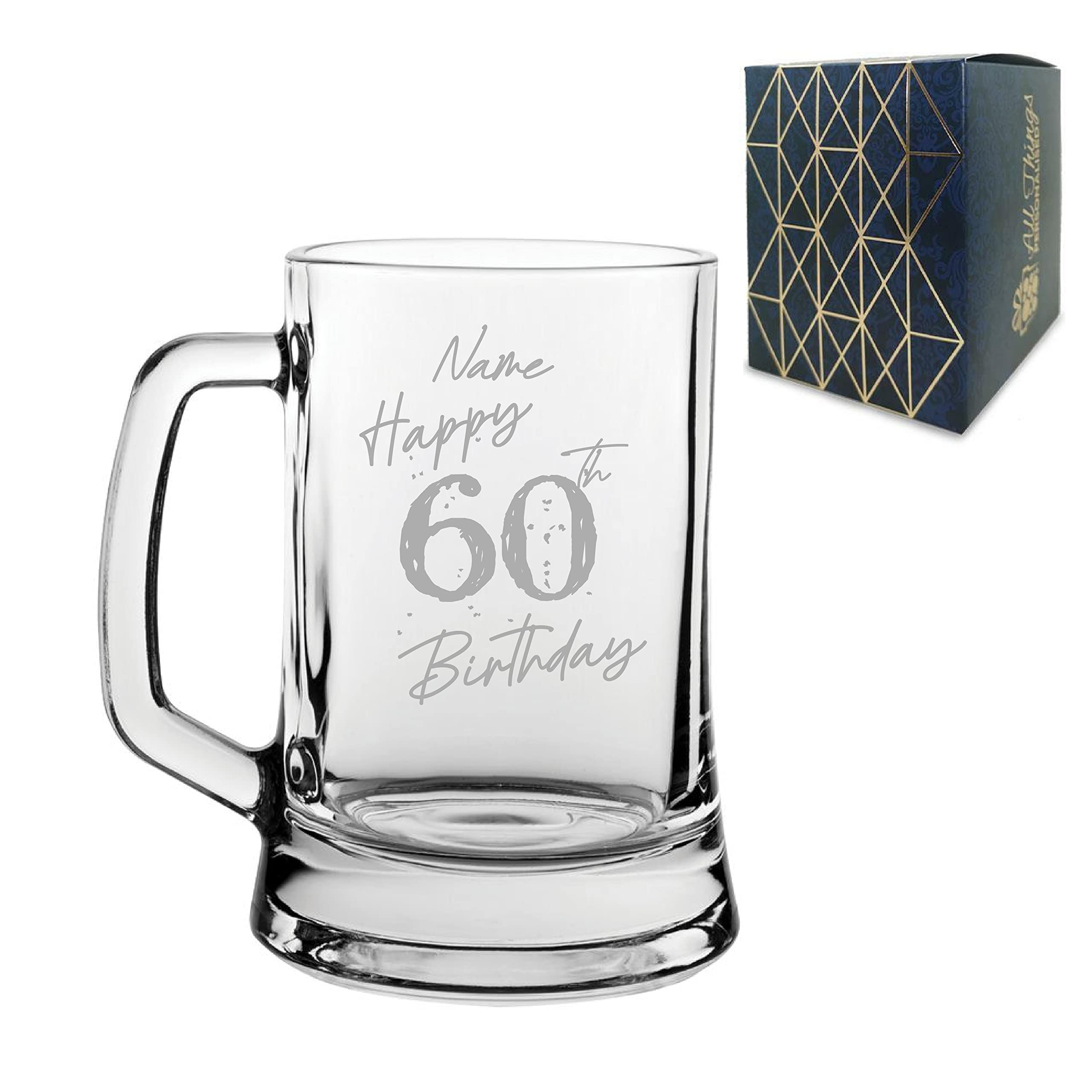 Personalised Engraved Tankard Beer Mug Stein Happy 60th Birthday Speckled Design Gift Boxed, 16.75oz/495ml Classic Beer Glass, Any Name, Engraved in The UK
