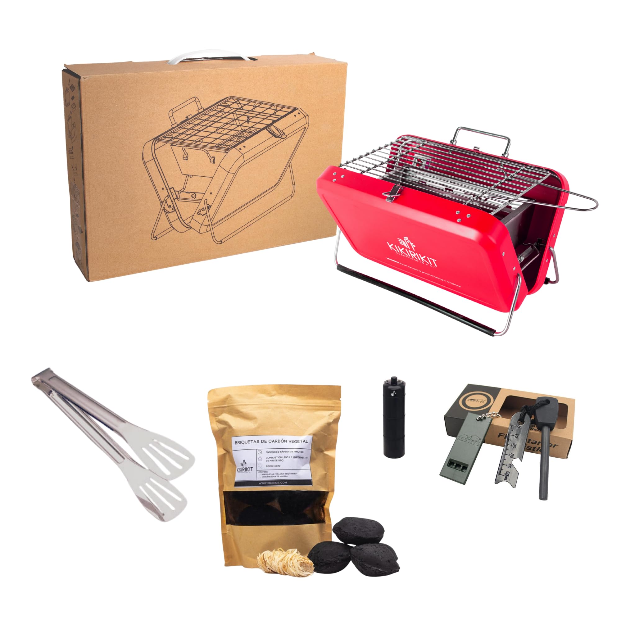 KIKIRIKIT - Grill na węgiel drzewny - Przenośny grill z akcesoriami - Zestaw do grillowania - Akcesoria Camper - Oryginalny prezent - Prezenty dla rodziców (czerwony, Super Kit)