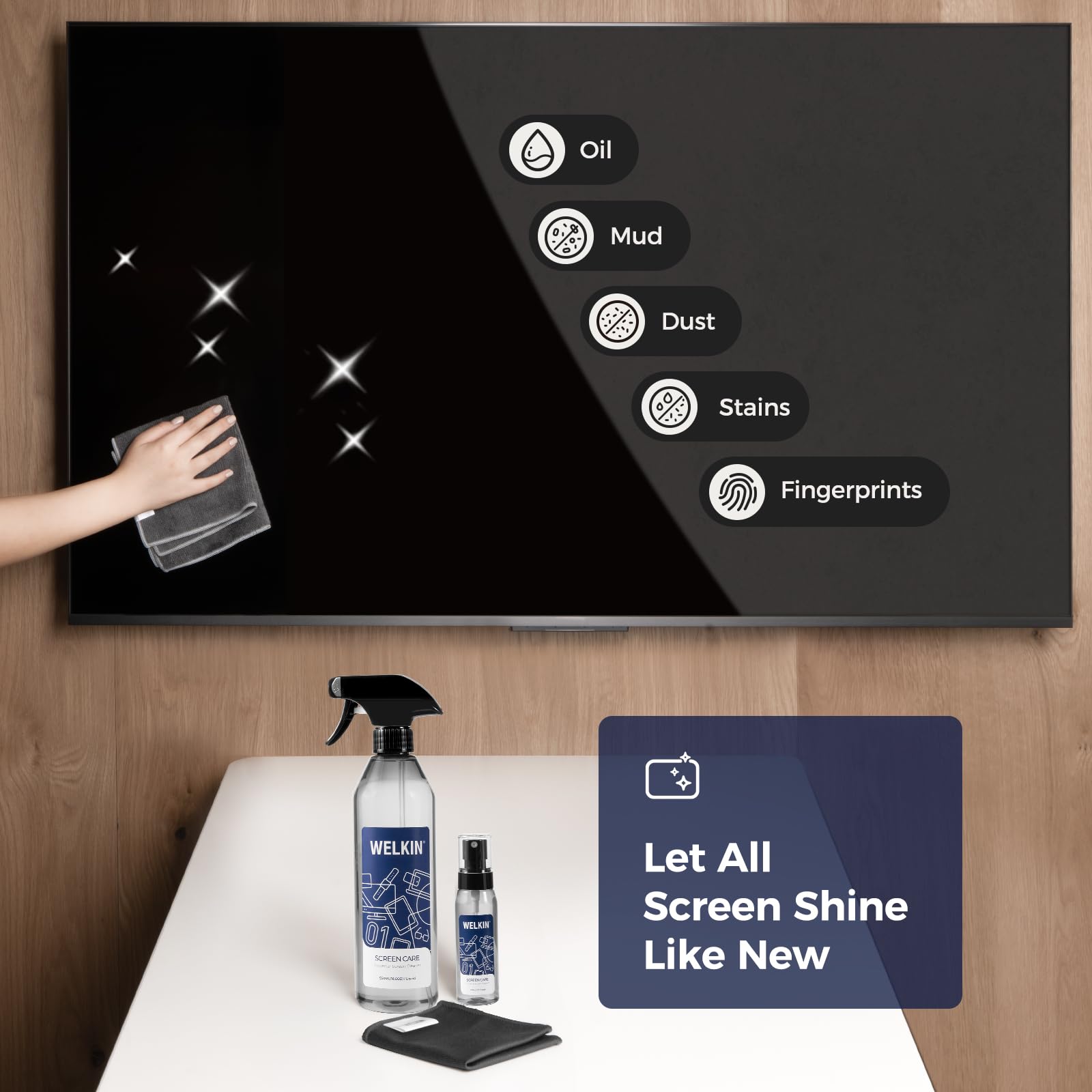 WELKIN Kit de spray limpiador de pantalla (18 onzas + 2 onzas) – niebla de limpieza para TV, laptop, computadora, pantalla táctil de teléfono – 2 pulverizadores, 1 paño de microfibra y 1 toallita de