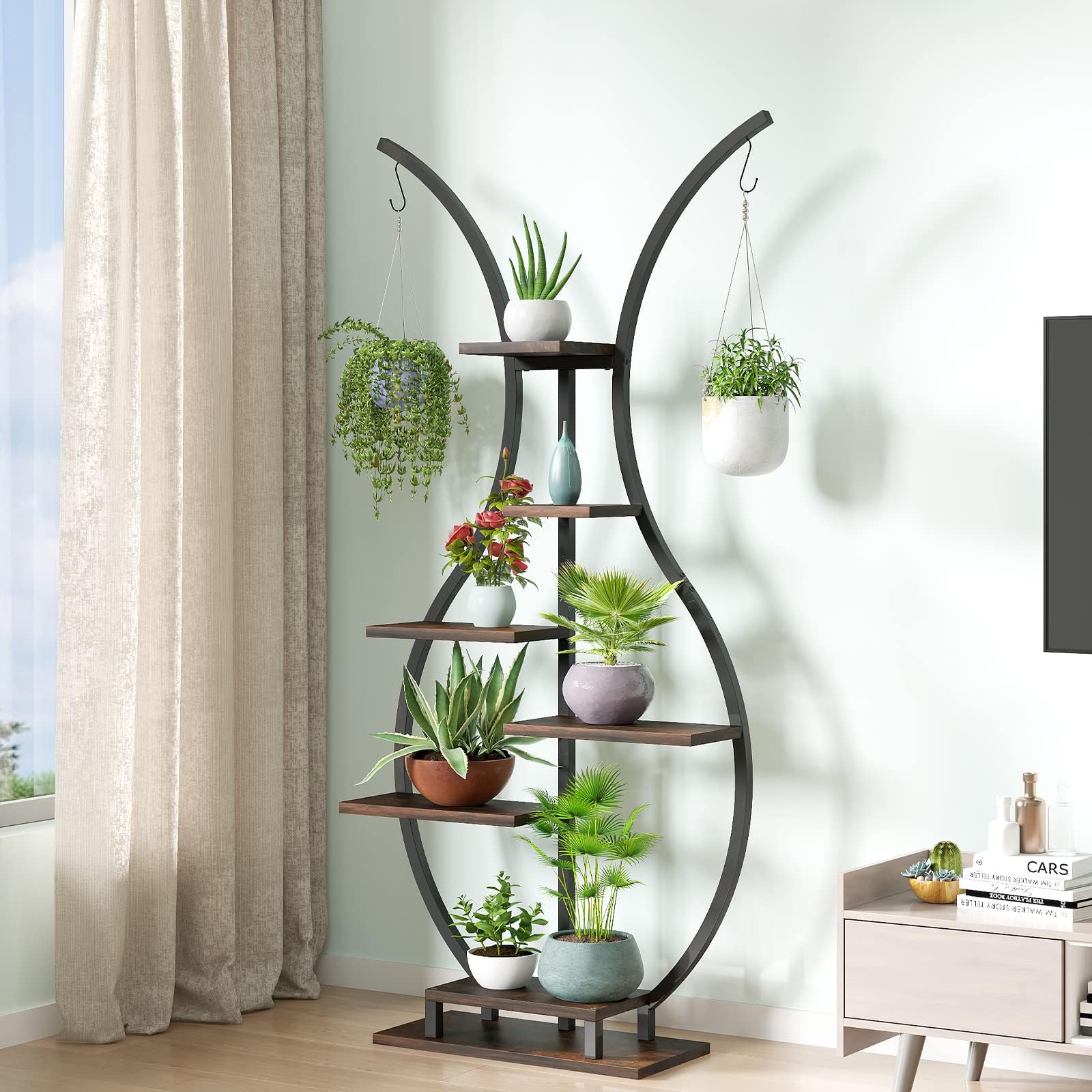 YOLENY6 Tier Tall Plant Stand Indoor, Vase-Shape Metal Plant Shelf with Hanging Hook, Multiple Planter Display for Home Decor, Living Room, Balcony, and Bedroom (Bottle-N)
