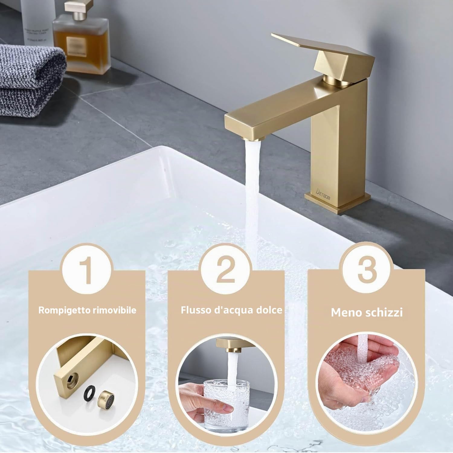 Rubinetto Bagno Lavabo Oro Acciaio Inox, DETBOM Miscelatore Monocomando Fredda e Calda Regolabile con Aeratore Rimovibile, Altezza Bocca 119 mm