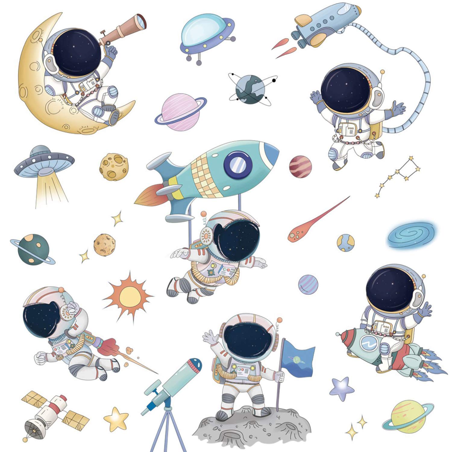 Space Wall Decals for Boys Kids Bedroom, Cartoon Outer Space Planet Wall Stickers Removable Astronaut Wall Mural Decals for Kids Bedroom Living Room Nursery Classroom Home Decoration