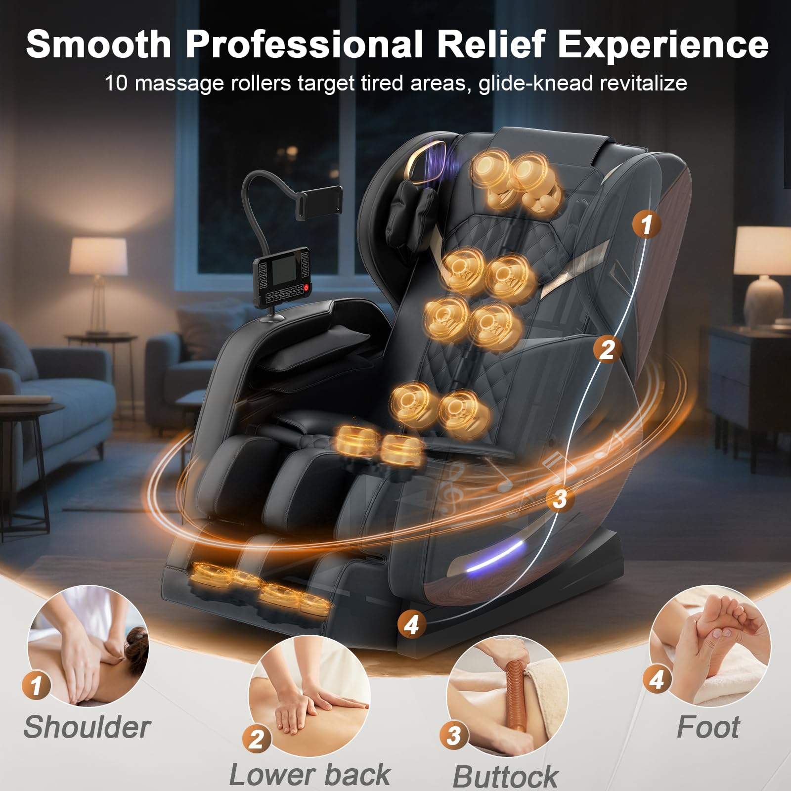 Ganzkörper Massagesessel mit 14 Massagerollen, 8 Airbags, Massagesessel mit Wärmefunktion-Beine und Taillenheizung, Bluetooth-Lautsprecher, Touchscreen-Controller, Zero-Gravity-Liegestuhl für Heimkino