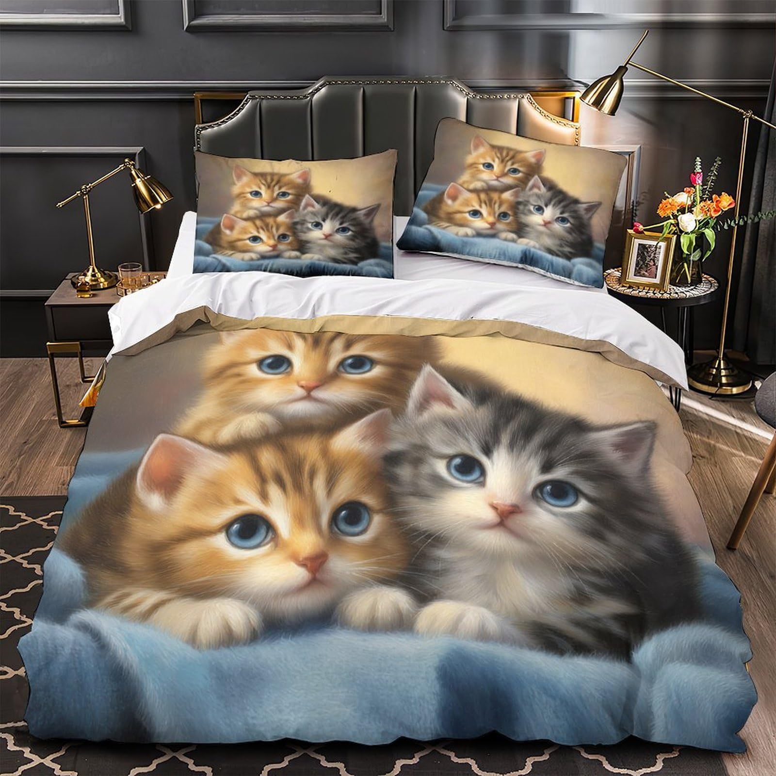 Nettes Kätzchens 3-teiliges Reines Polyester Digitale Malerei Stil Bettbezug, Versteckter Reißverschluss, Krippenbettwäsche, Babysicher & Pflegeleicht King（220x240cm）