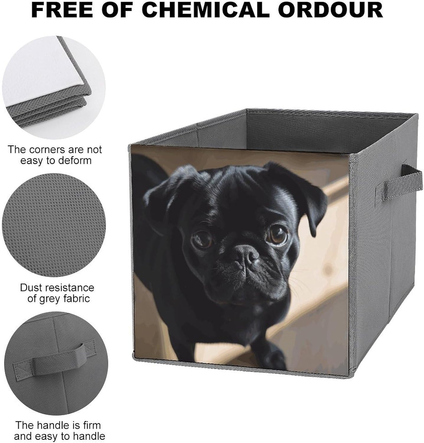 Folding Storage Bins Oxford Fabric Clothes Storage Boxes with Handles | Black Pug Dog Puppy Cube Organizer, Easy to Store, Multi Functional Cube Storage Organizer for Office Bedroom