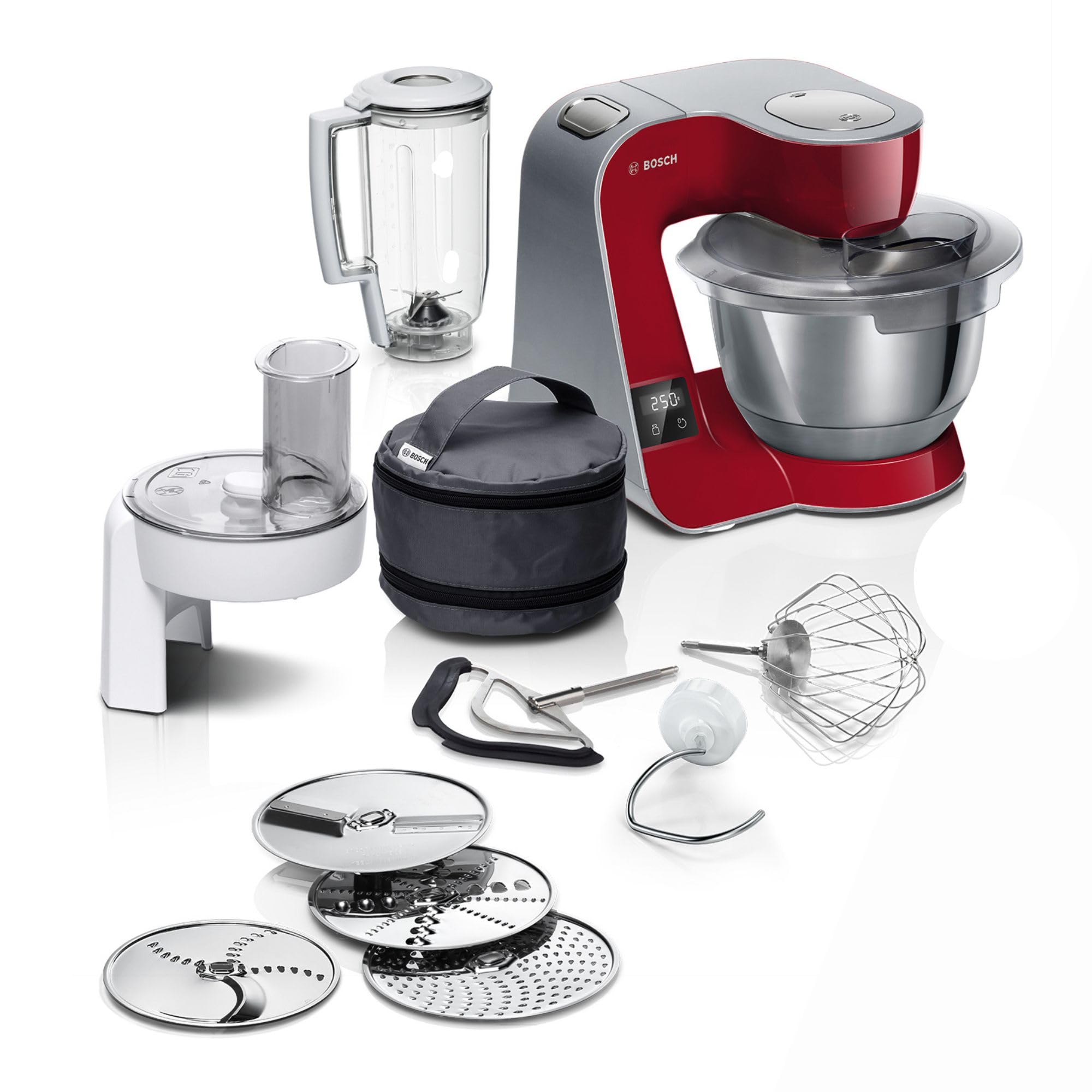 Bosch, mikser stojący, MUM5, 1000 W, 7 ustawień prędkości, miska ze stali nierdzewnej 3,9 l, zestaw do ciast w zestawie, waga, timer, blender, ciągła szatkownica z czterema dyskami, czerwony, MUM5X720