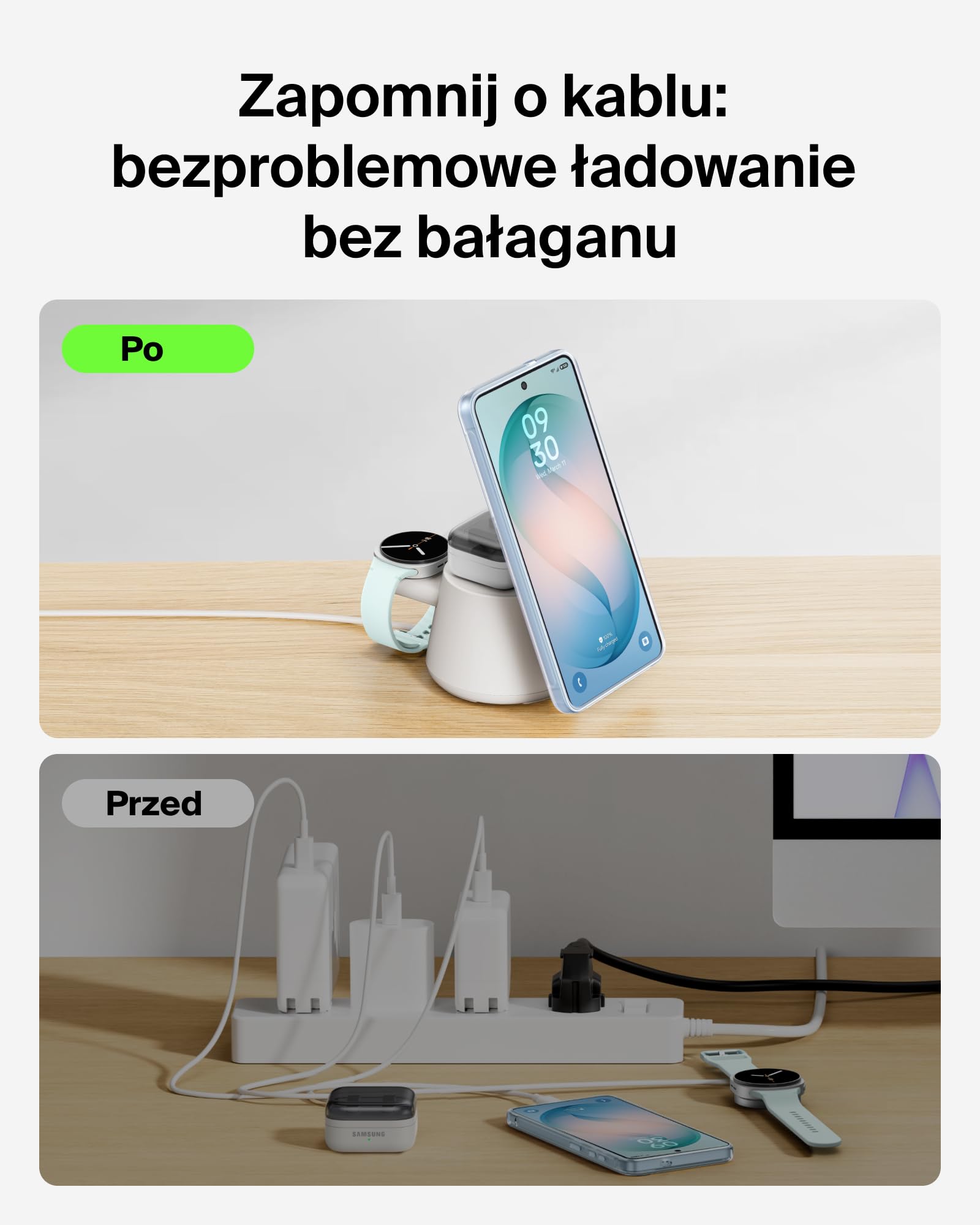 Belkin UltraCharge Bezprzewodowa Stacja Ładująca 3 w 1 z Qi2, 25 W – Biała | Ładowarka Magnetyczna do Urządzeń iPhone, Galaxy, Słuchawek i Smartwatchy, Certyfikat Qi2.2, Port USB-C, z Zasilaczem 45 W