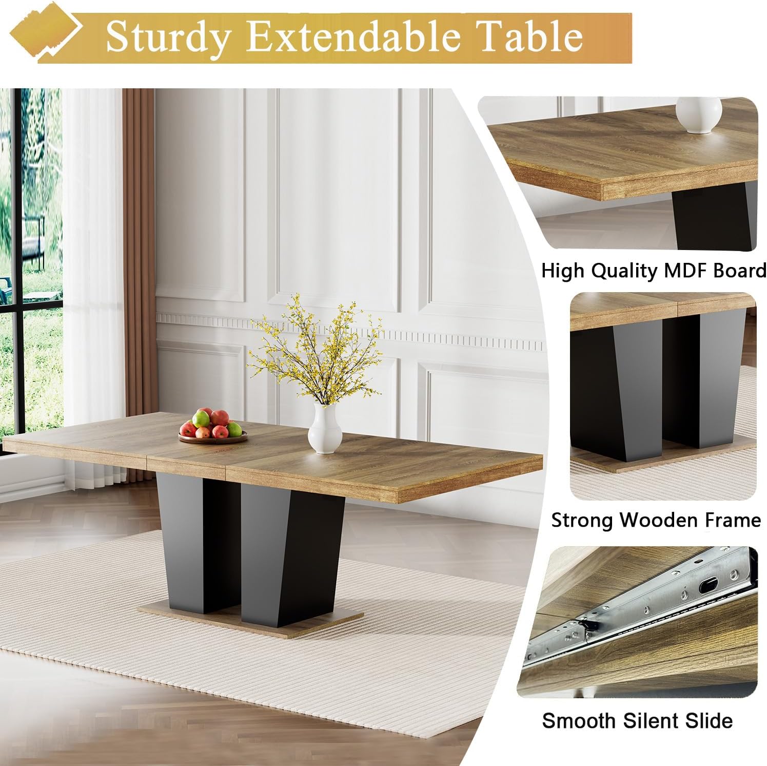 Pvillez 63"-79" Extendable Dining Room Table for 6 8 10,Modern Farmhouse Wood Kitchen Dining Table with Sturdy Pedestal Base, Rectangle Extendable Transformer Table for Dining, Gatherings, Meeting Brown Black-dual Base