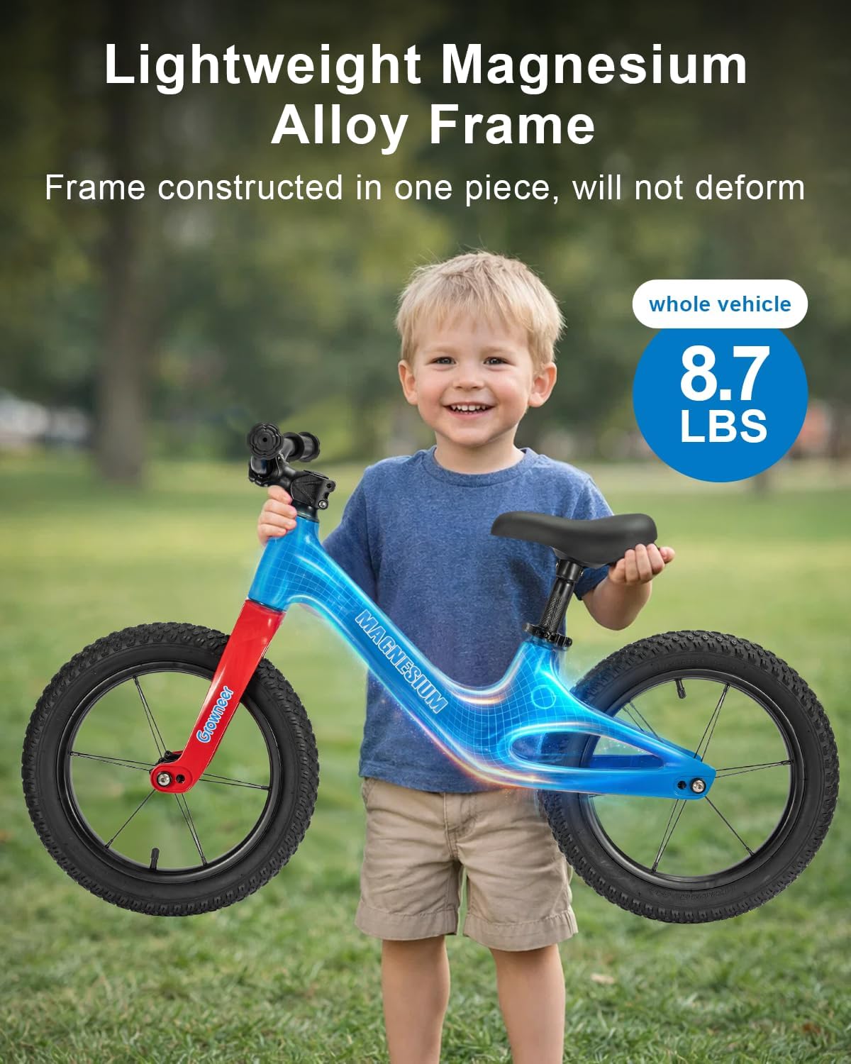GROWNEER 14 Inch Kids Balance Bike for 3-7 Years Old, Lightweight Magnesium Alloy Frame Kids No Pedal Bike with Rubber Air Tires, Toddler Bike for Boys Girls, Adjustable Seat Height, Blue