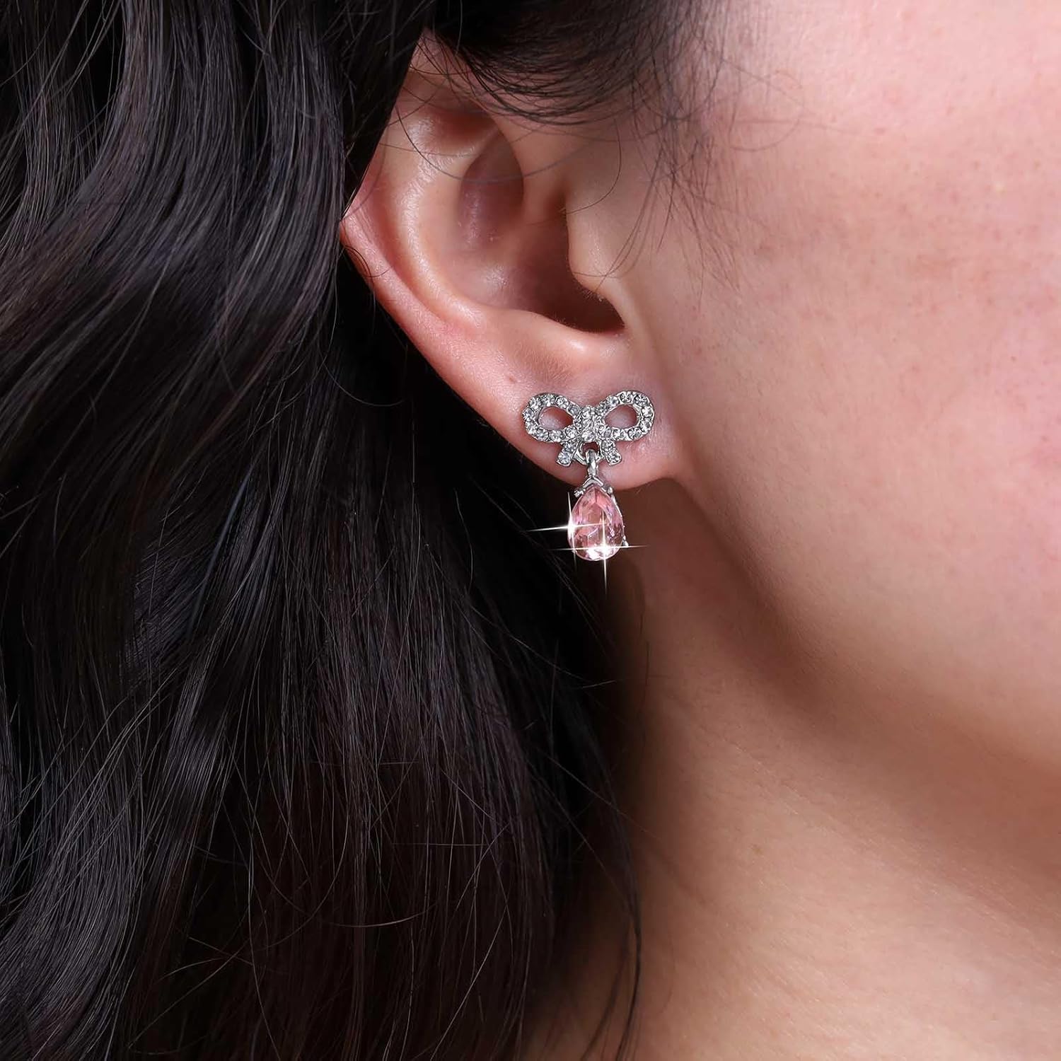 Bohemian Teardrop Crystal Bow Dangle Earrings Pink Crystal Drop Earrings Silver Cz Bow Tie Stud Earrings Small Rhinestone Bow Earrings Jewelry for Women Gifts - Image 2