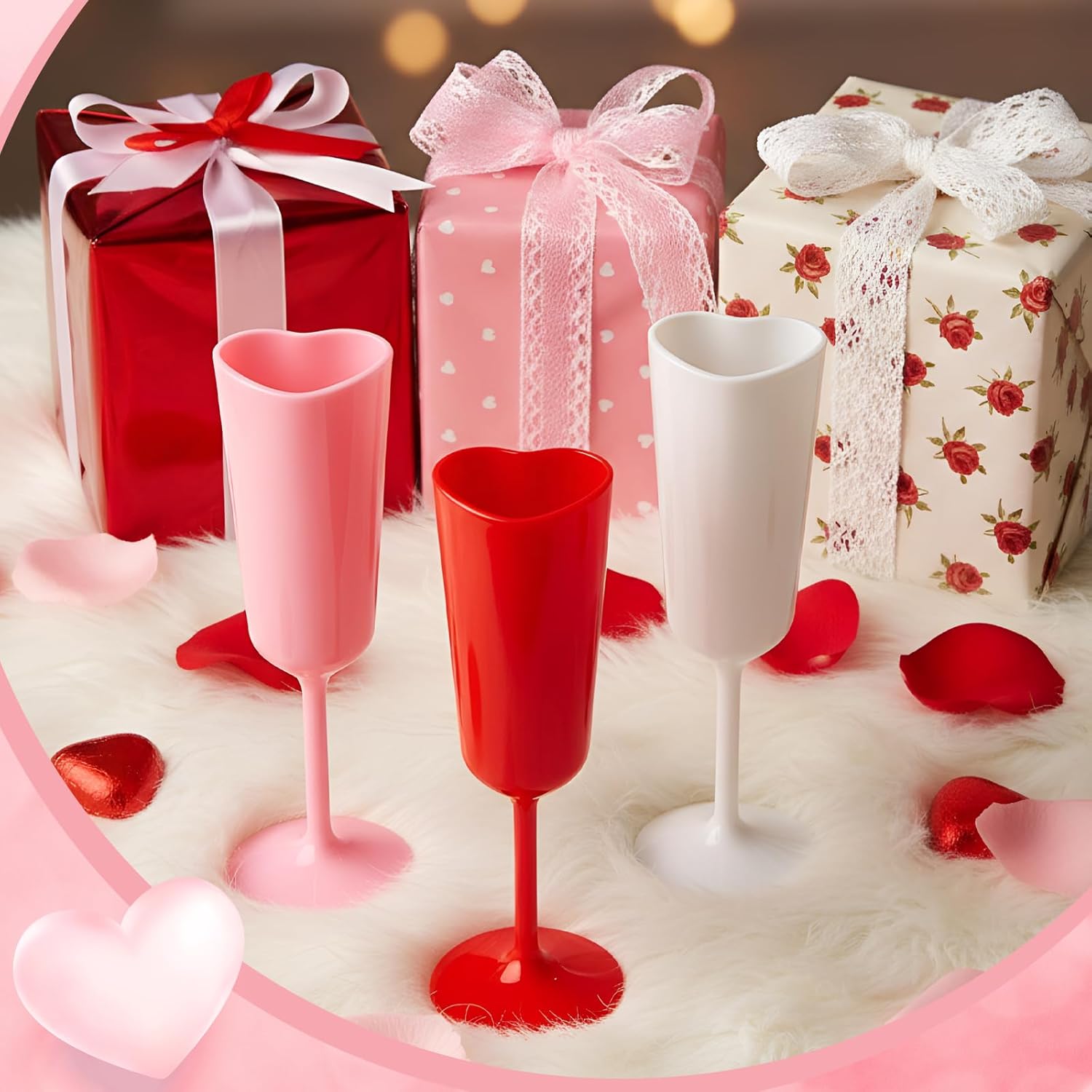 Nuogo 6 Pcs Valentine's Day Heart Plastic Champagne Flutes, 6 oz Galentines Toasting Champagne Flute for Wedding, Heart Shaped Plastic Goblets for Bachelorette Party Celebrations Supplies(Multicolor)