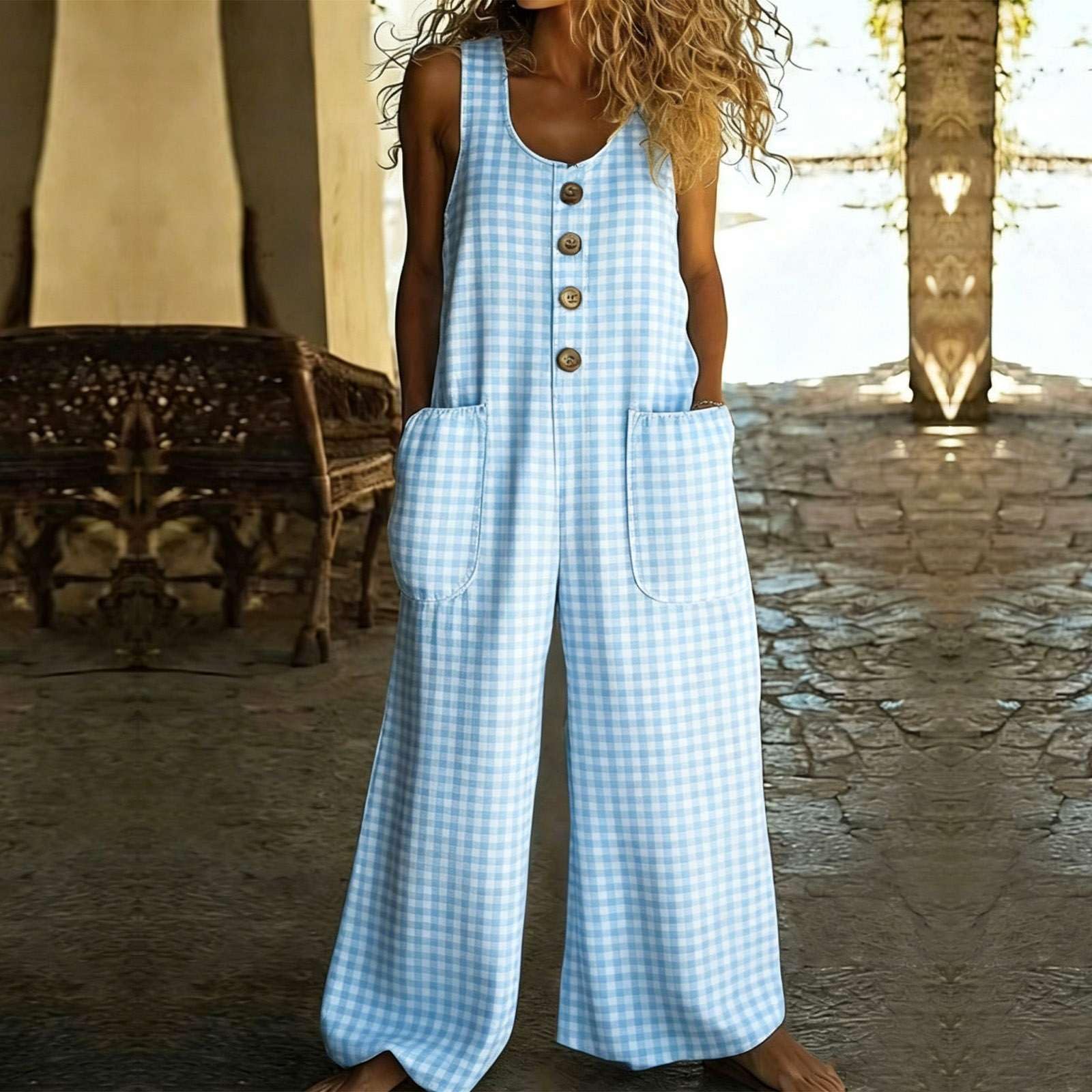 Generico Salopette Donna Estiva Lunga in Lino Boho Chic Morbida Tuta Intera Curvy con Stampa Jumpsuit Pantaloni Gamba Larga Senza Maniche Moda Baggy Cotone Taglie Forti Mare Vacanza Comoda