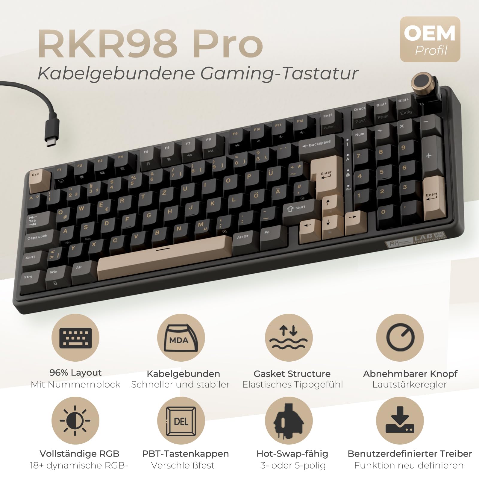 RK ROYAL KLUDGE R98 Pro Mechanische Tastatur Kabel, 96% Gasket Gaming Tastatur QWERTZ RGB mit Nummernblock und Knopf, PBT-Tastenkappen, Hot Swap Linearer Creamy Switches