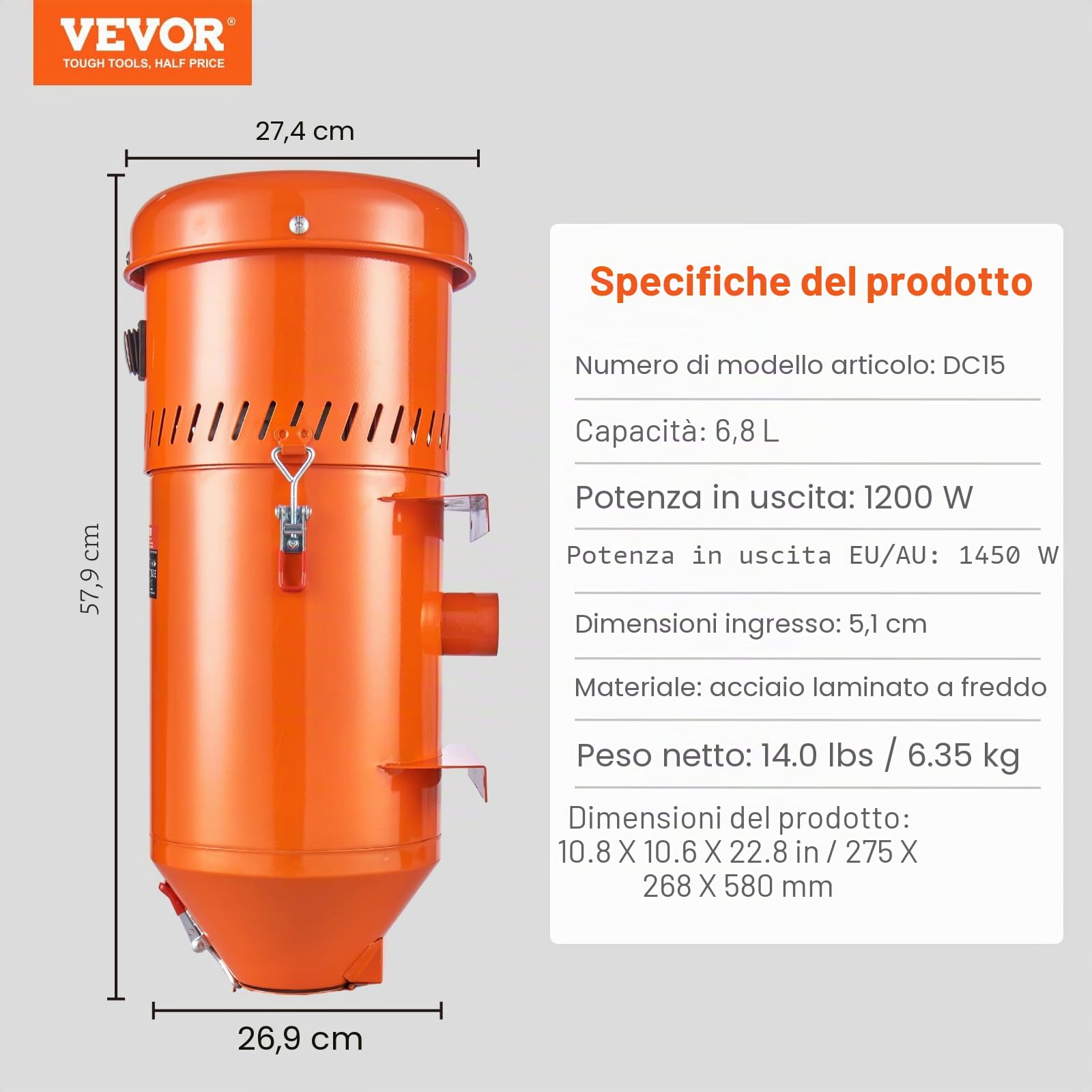 VEVOR Sistema di raccolta polveri 1450 W 1,8 galloni per sabbiatrici