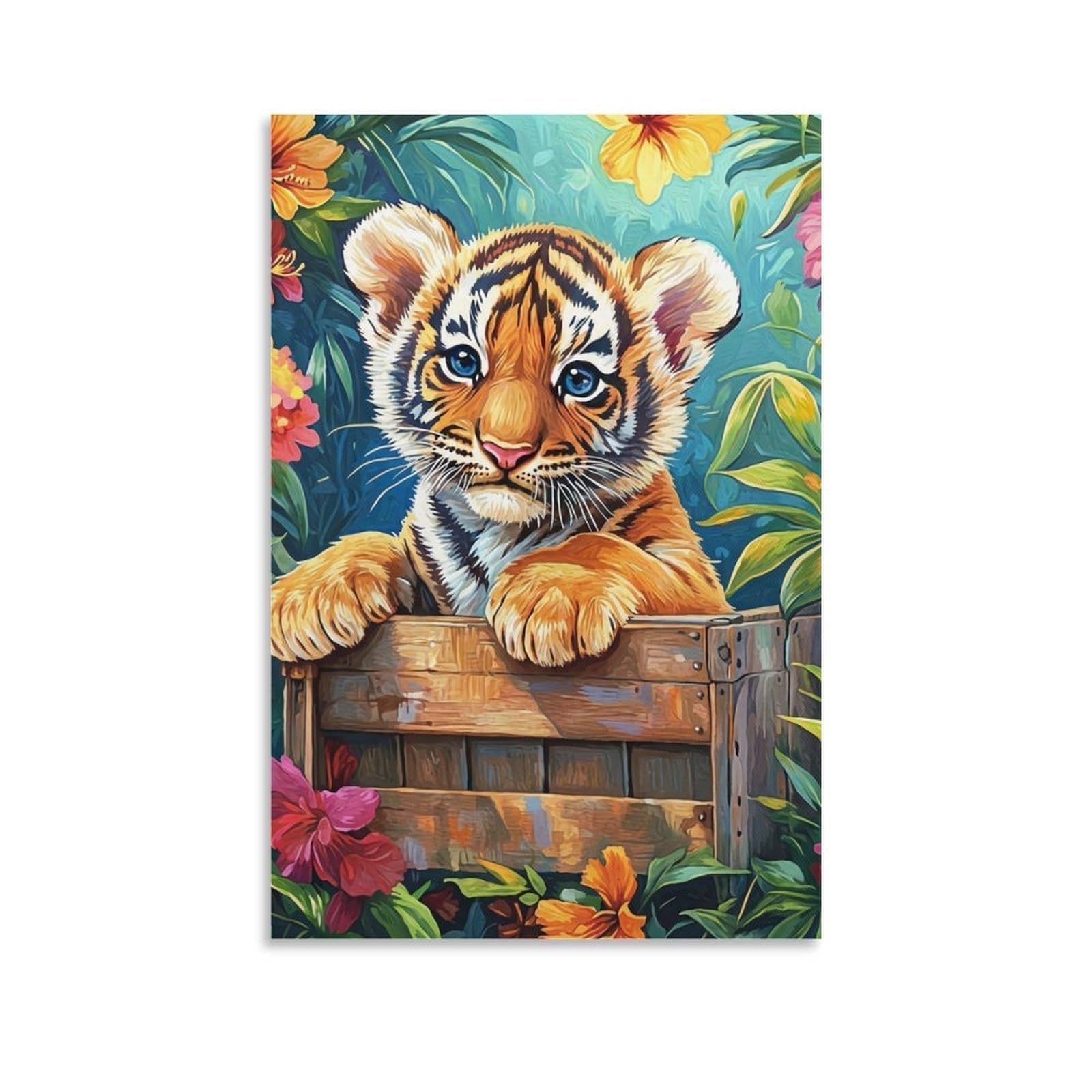 DHBANEIOK Cute Tiger Cub Poster Artwork Giclee Canvas Prints Modern Wall Art Picture Wall Hanging for Office Gym Living Room Decor 24x36inch(60x90cm)